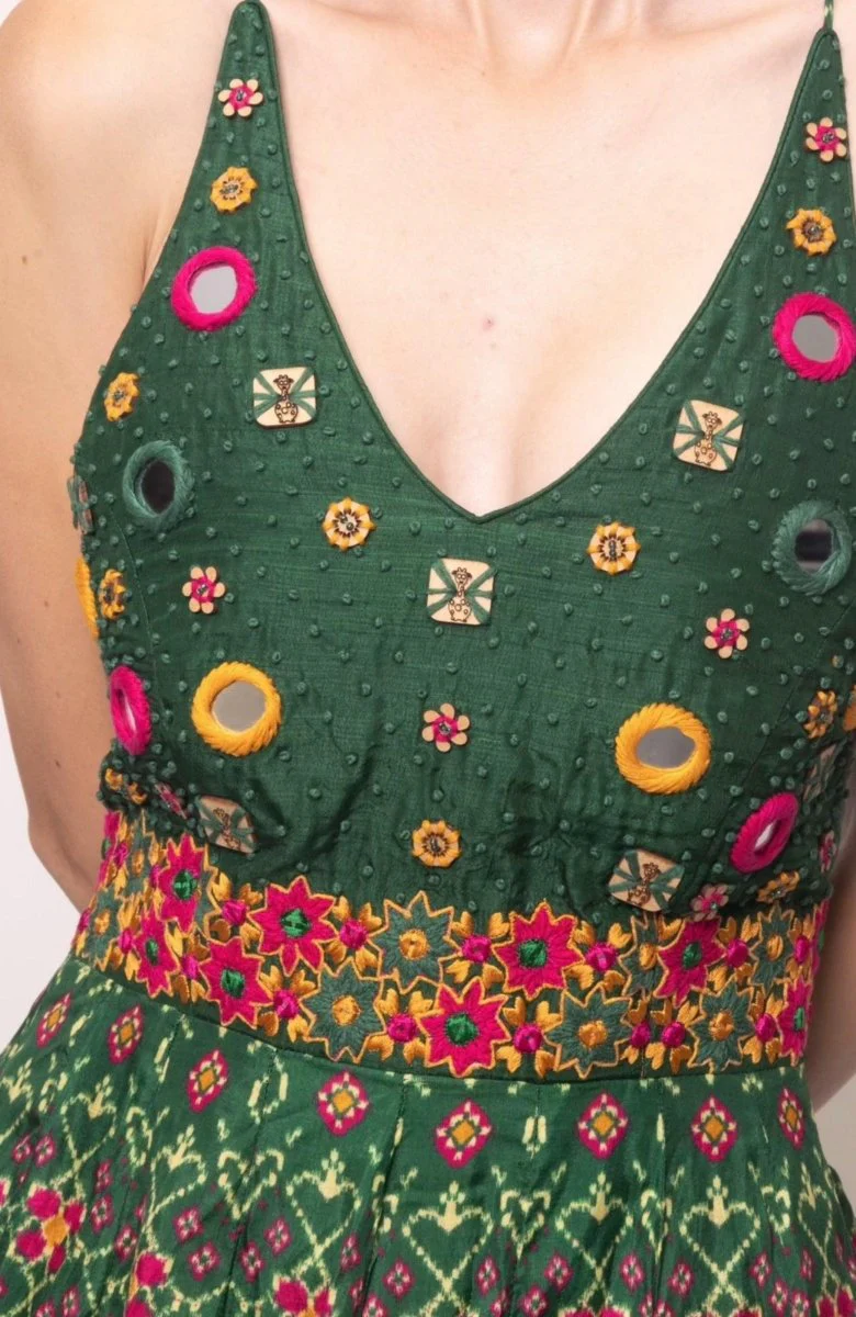 Green Open Back Dress with Hand Embroidered Torso - Image 3