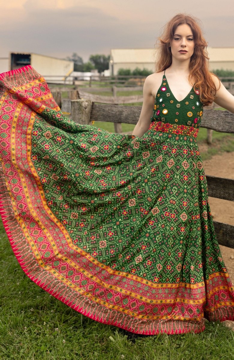 Green Open Back Dress with Hand Embroidered Torso - Image 4