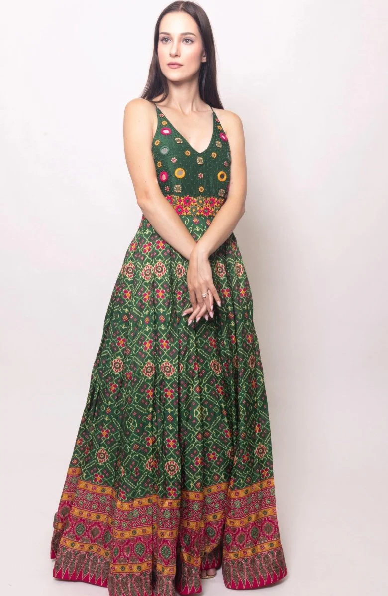 Green Open Back Dress with Hand Embroidered Torso - Image 5