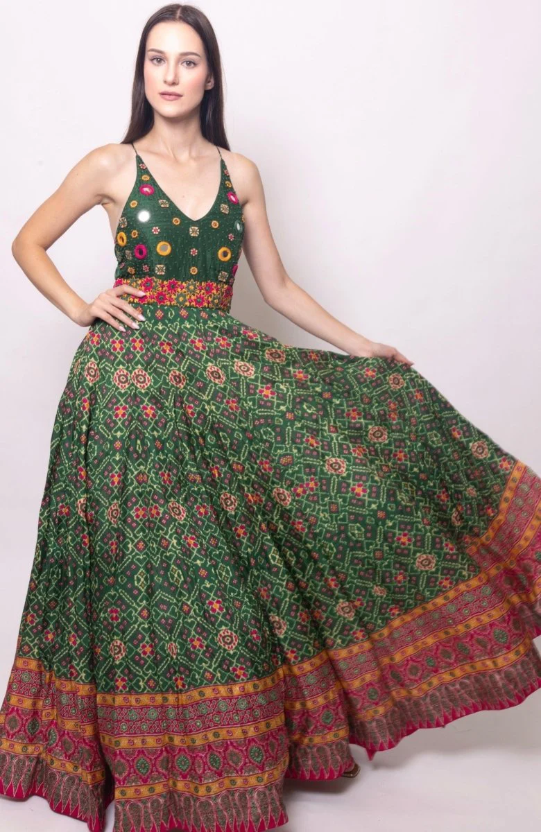 Green Open Back Dress with Hand Embroidered Torso - Image 6