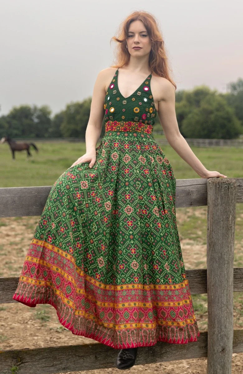Green Open Back Dress with Hand Embroidered Torso - Image 7