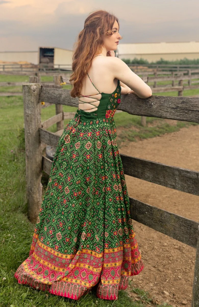 Green Open Back Dress with Hand Embroidered Torso - Image 8