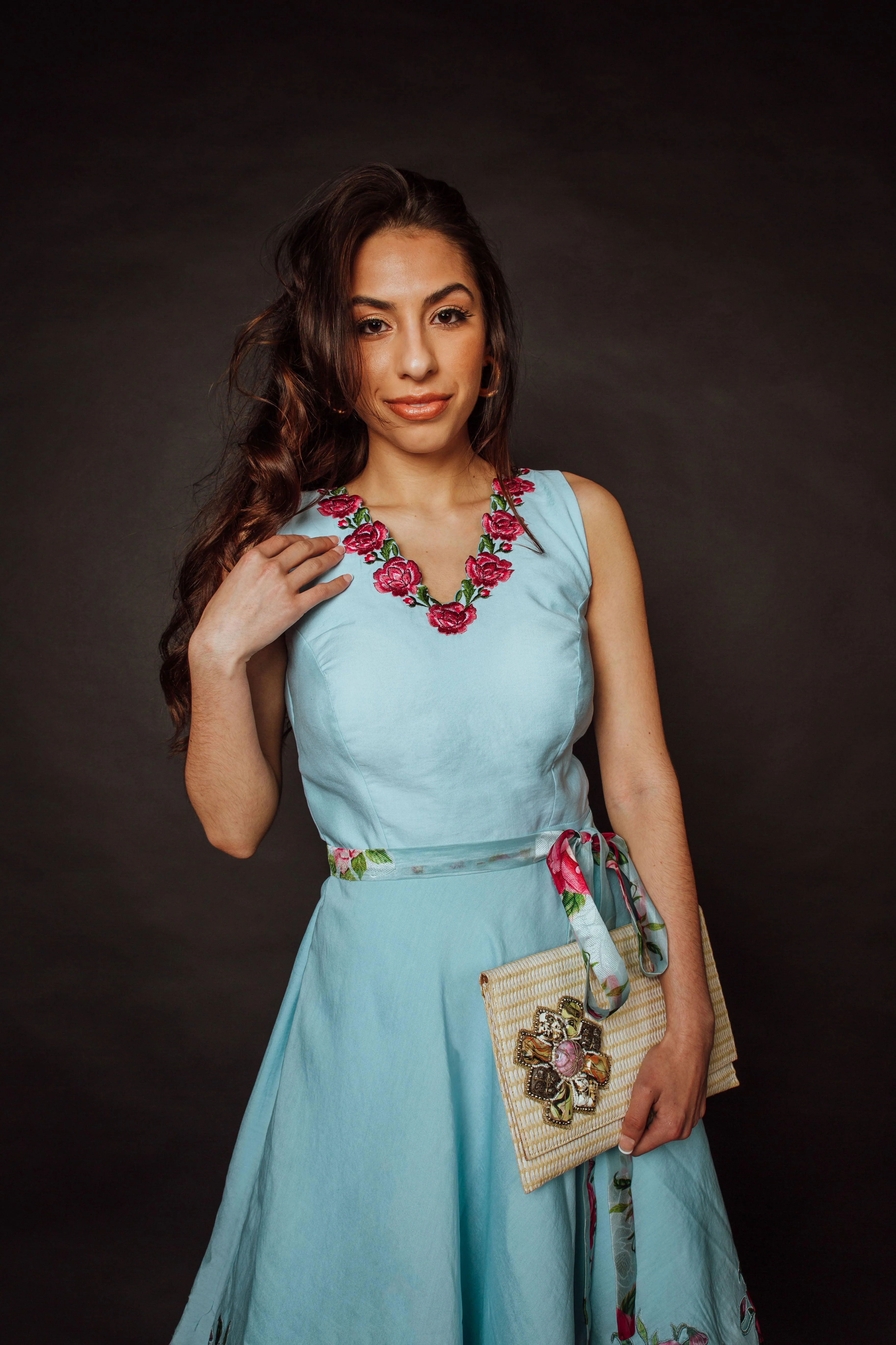 Blue Midi Dress with Floral Embroidery - Image 2
