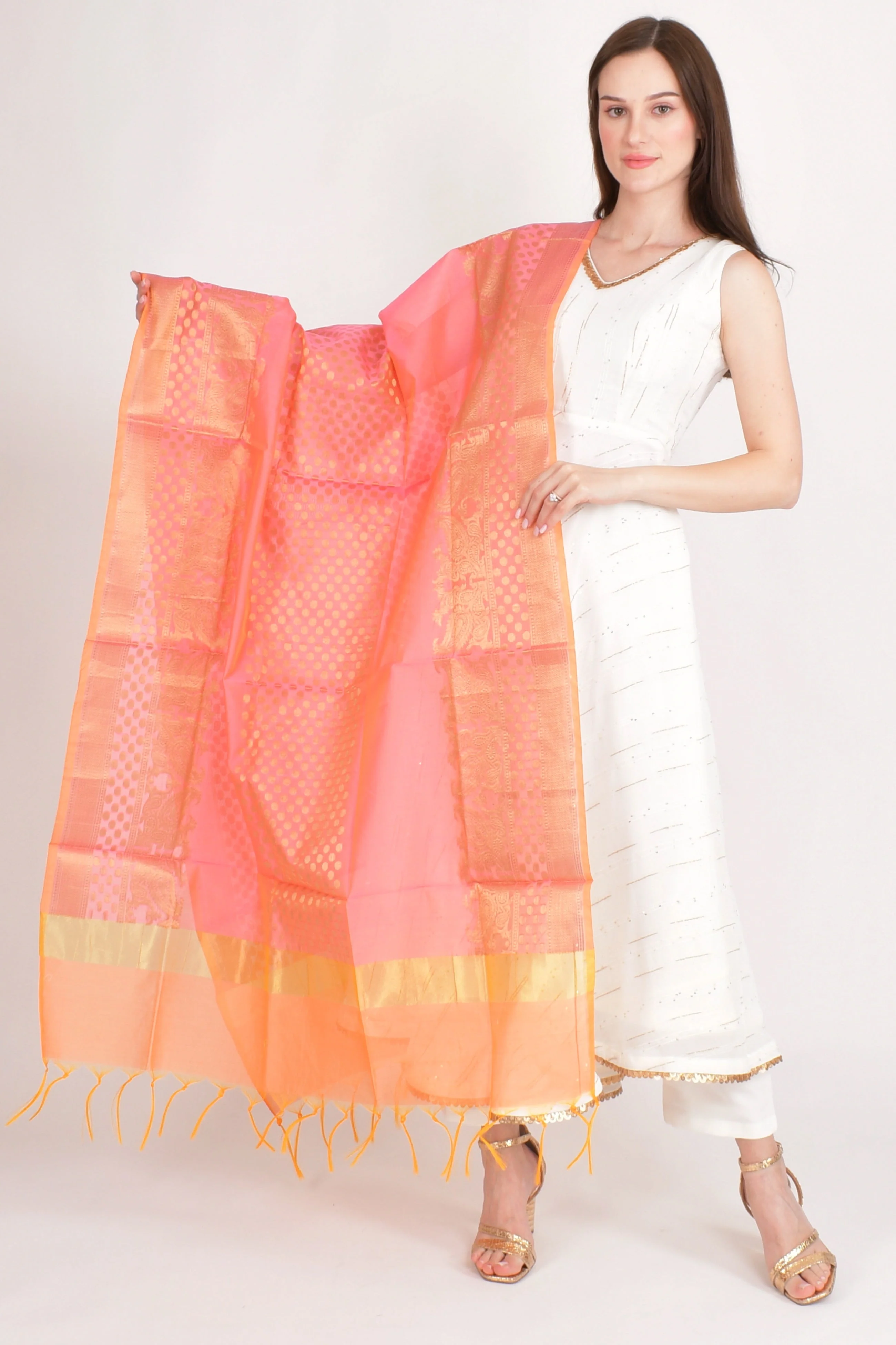 Tara Pink Dupatta with Orange Border