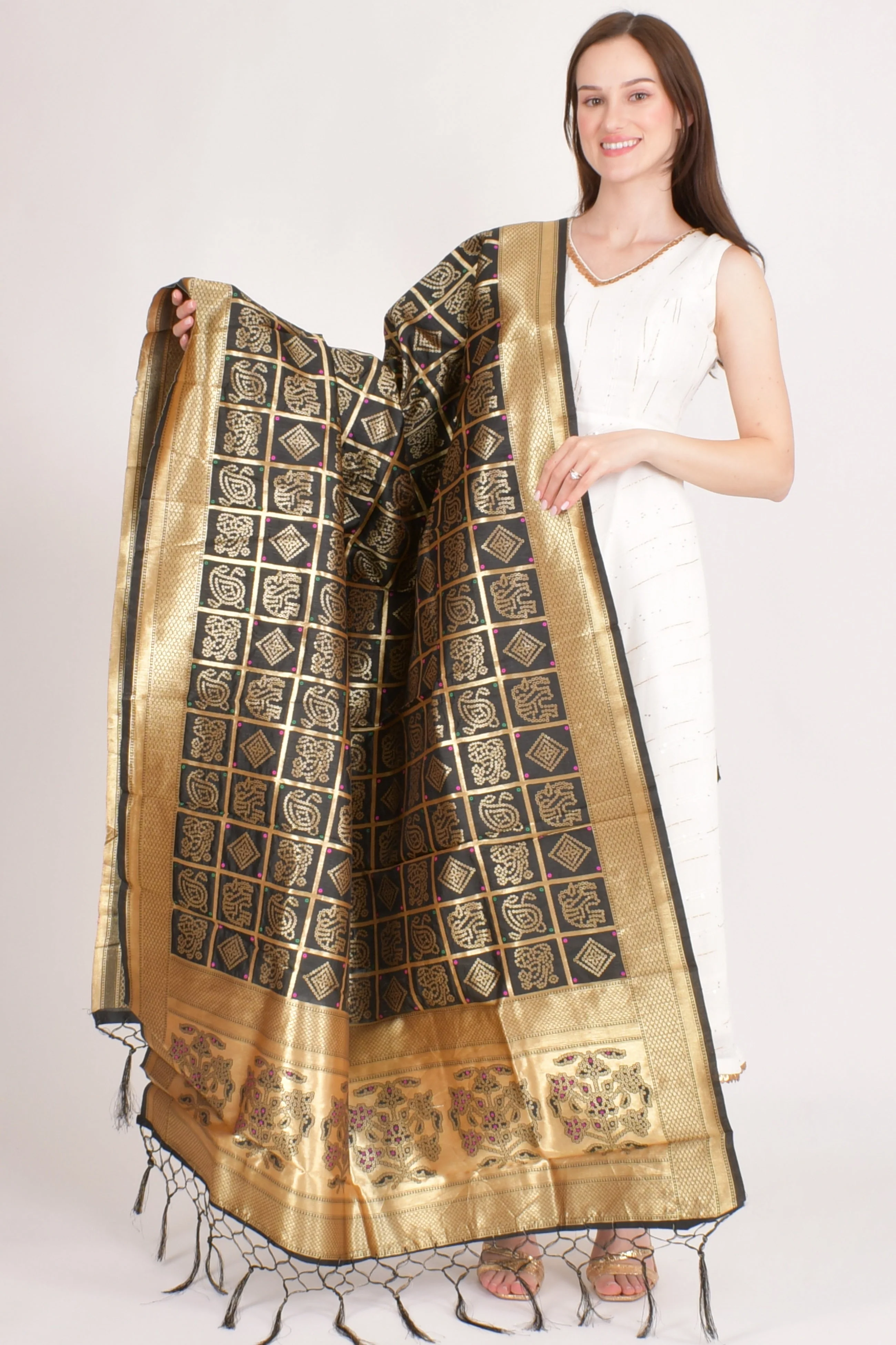 Avni Black Dupatta with Golden Pattern