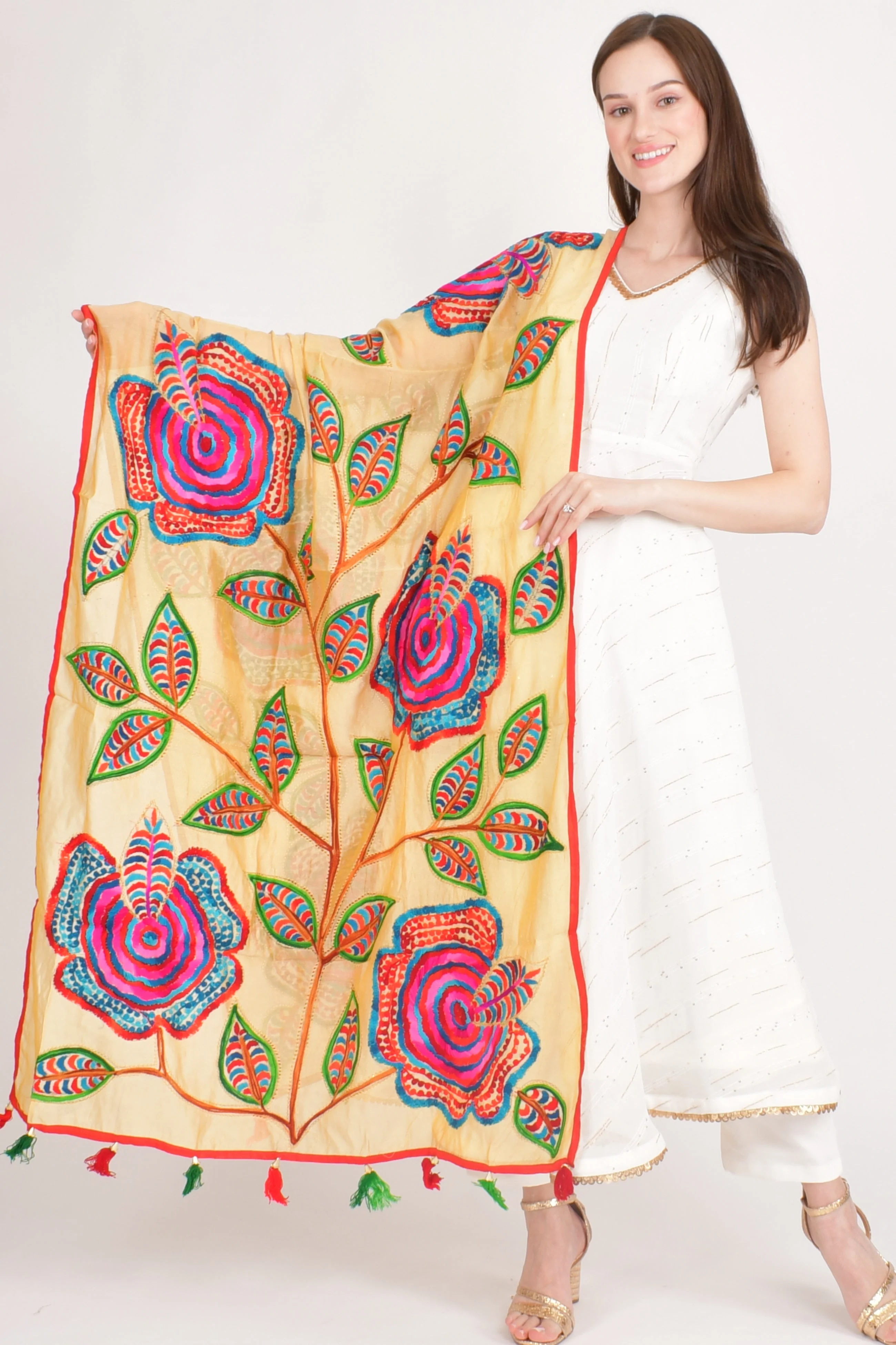 Zoya Yellow Floral Hand Embroidered Dupatta