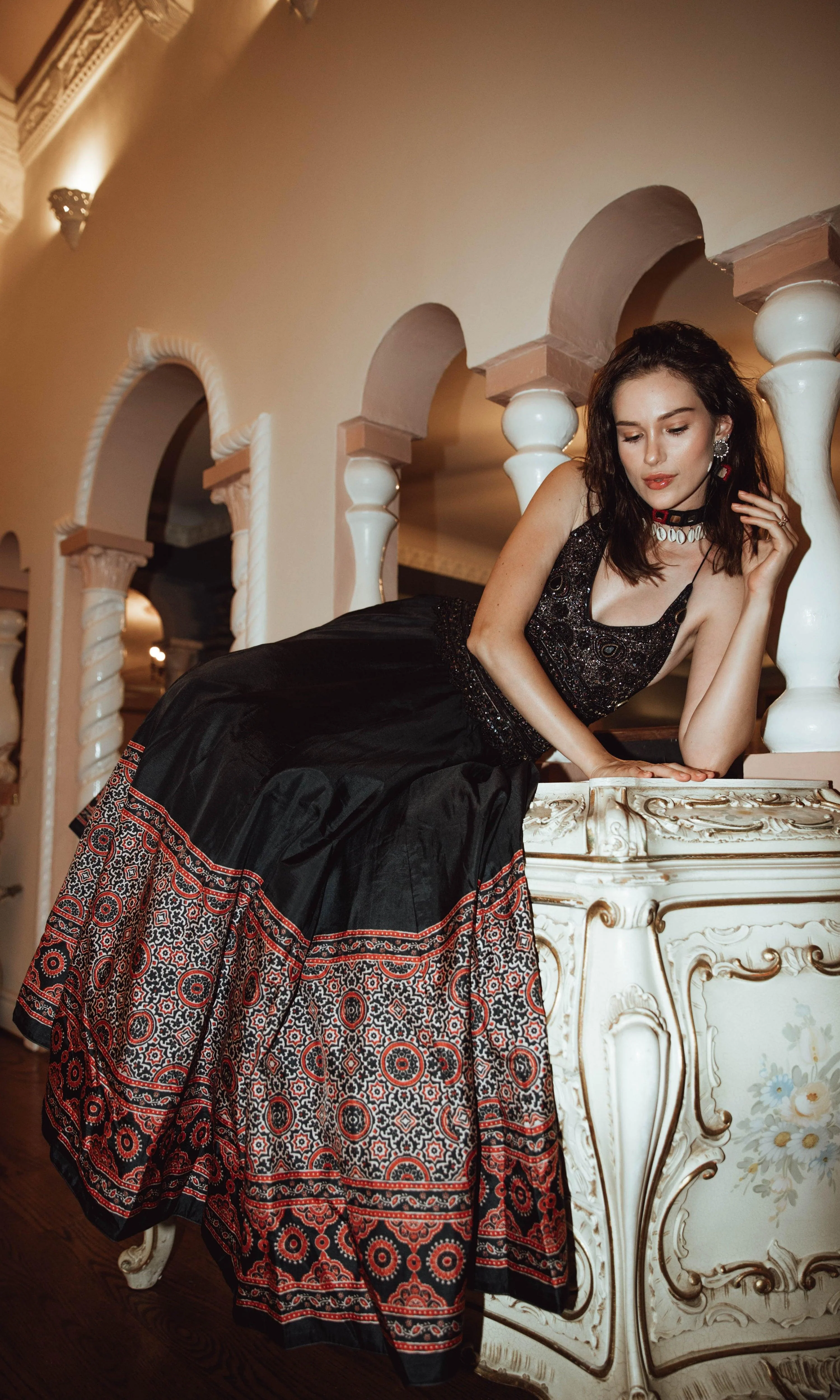 Black Ajrakh Long Dress with Heavy Hand Embroidery