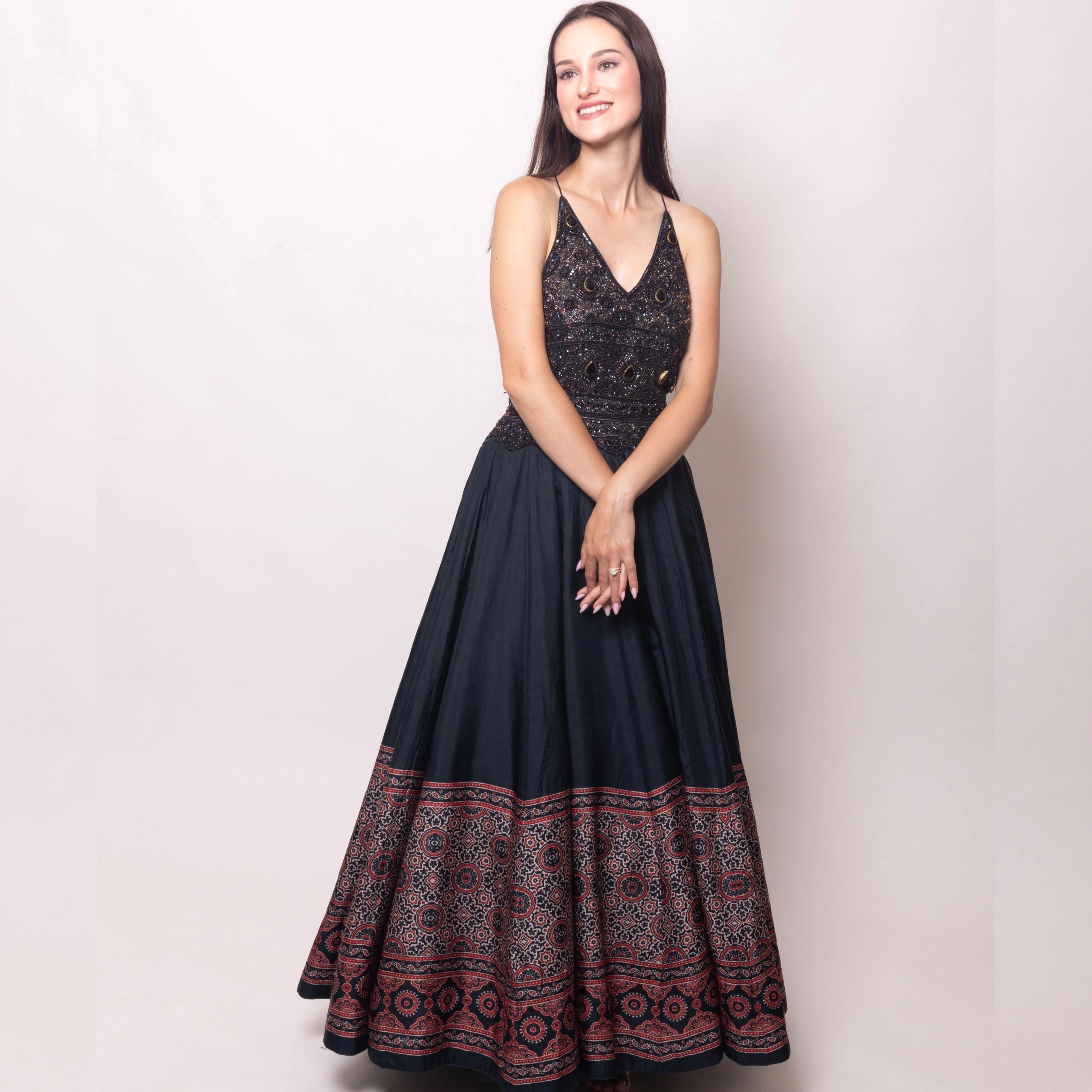 Black Ajrakh Long Dress with Heavy Hand Embroidery - Image 7