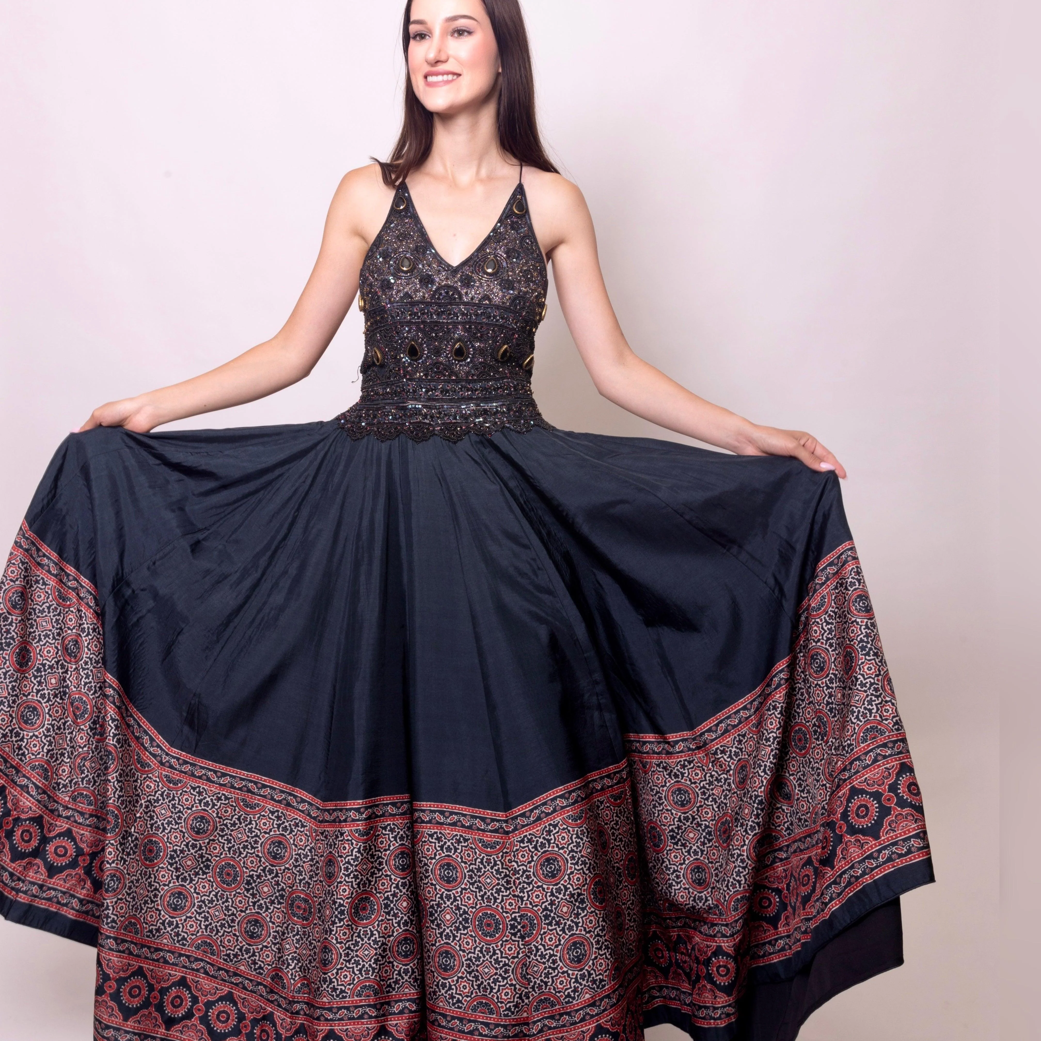 Black Ajrakh Long Dress with Heavy Hand Embroidery - Image 8