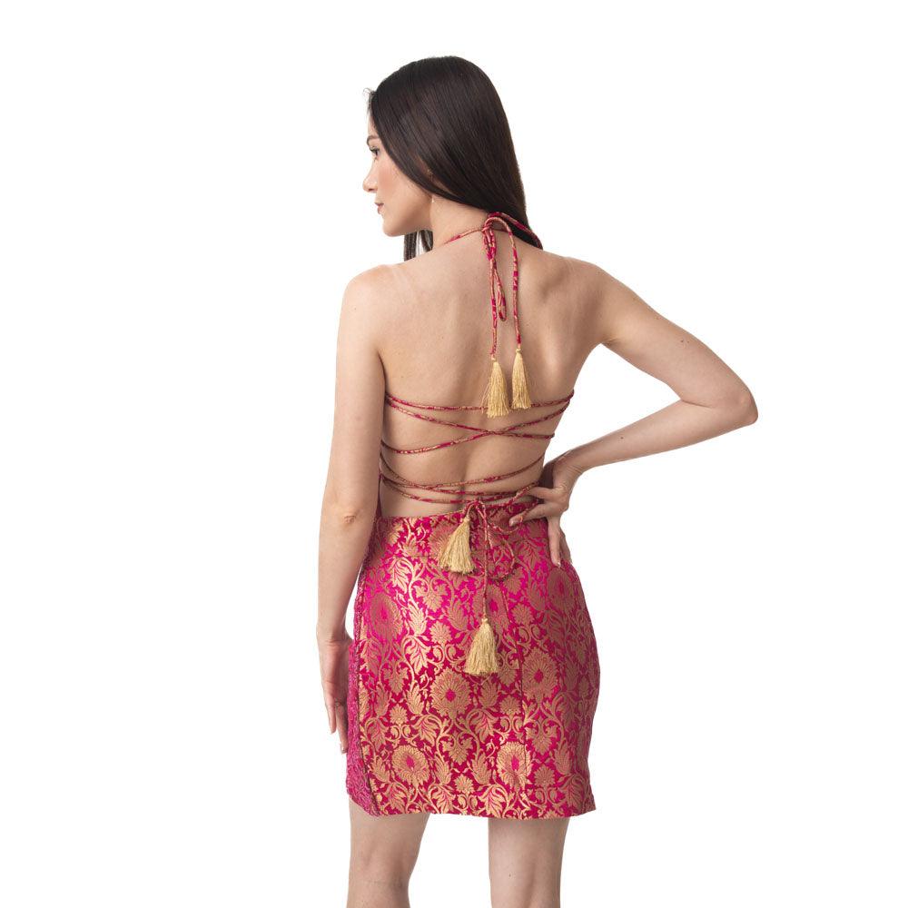 Fuchsia Pink Short Dress with Hand Embroidery - Image 3