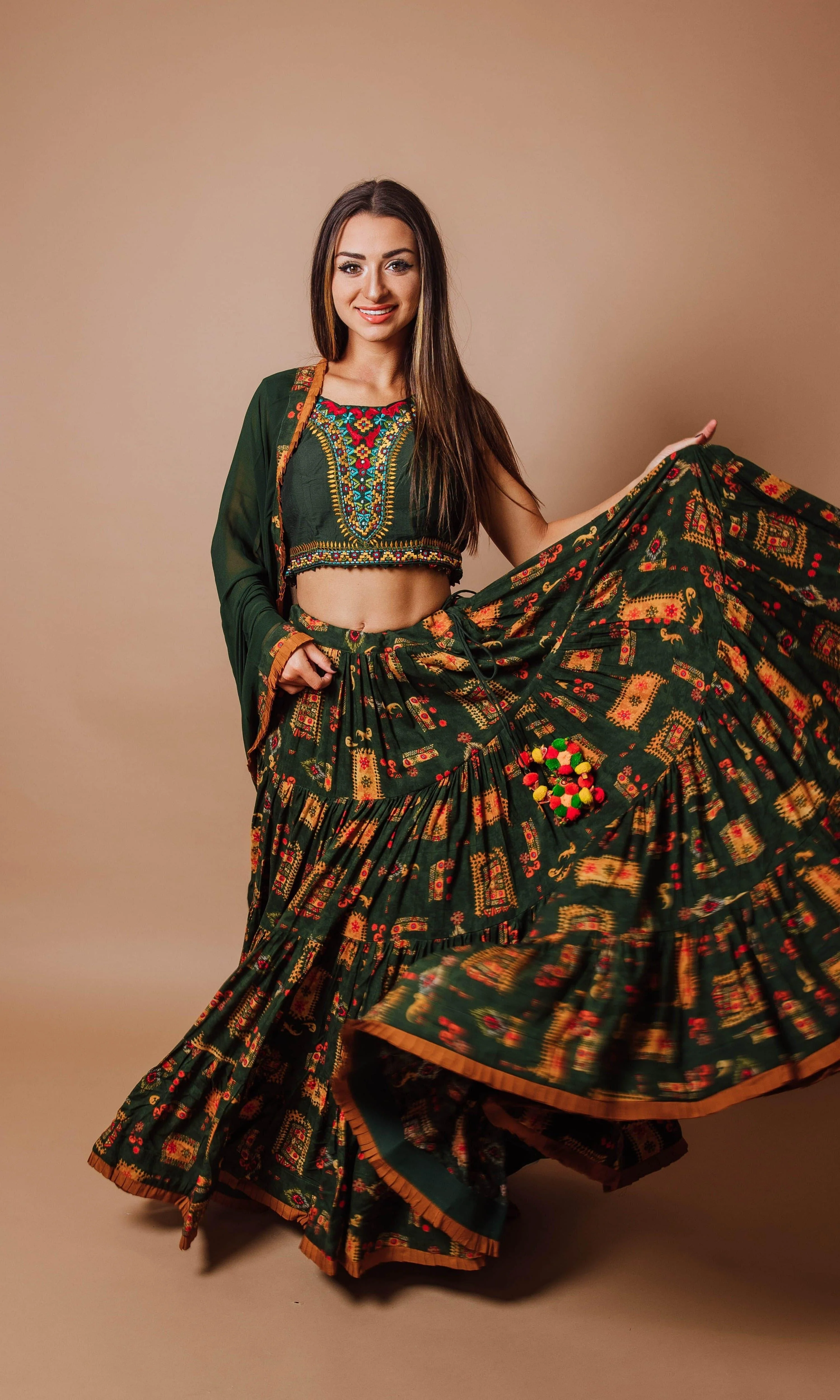 Green Full flare Tiered Lehenga Choli set - Image 4