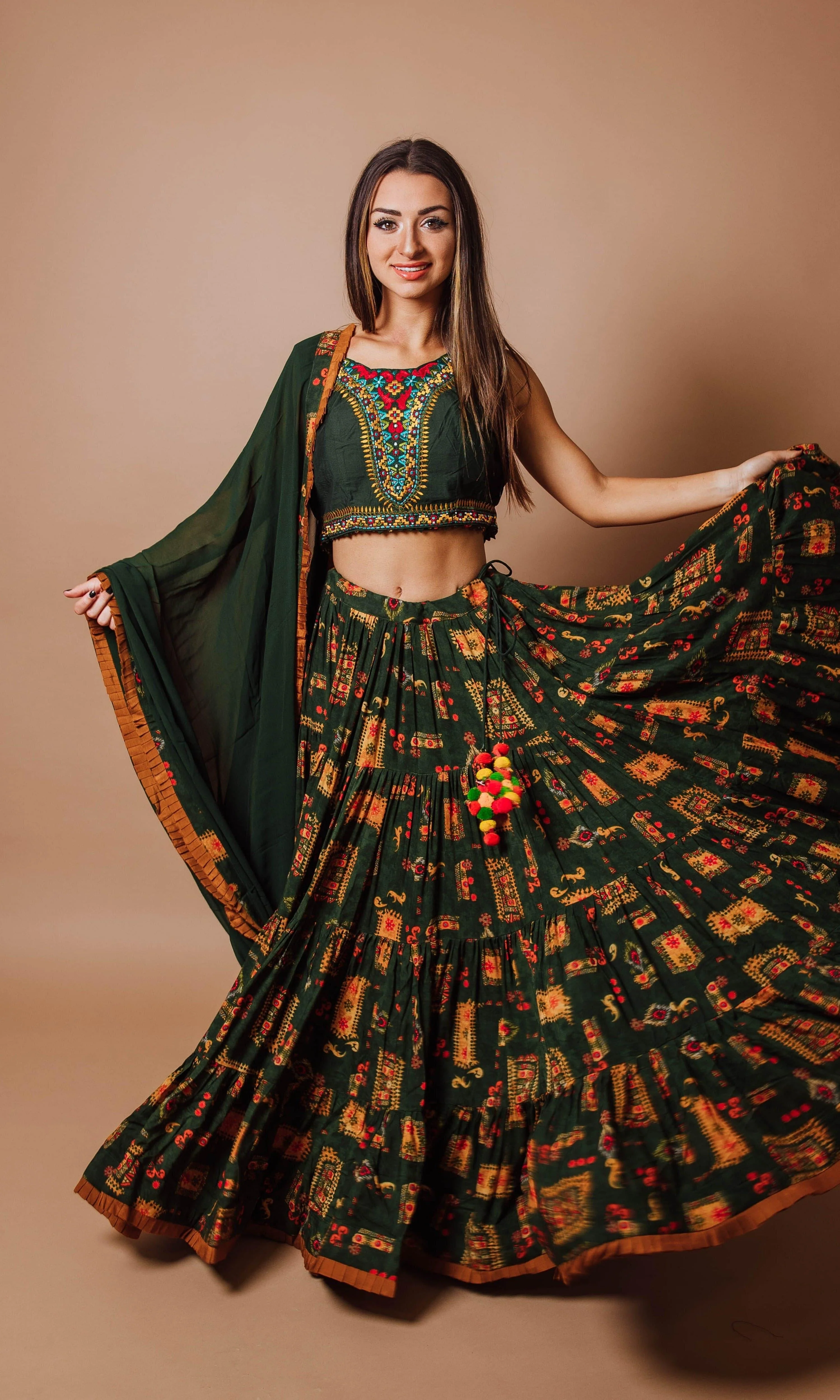 Green Full flare Tiered Lehenga Choli set - Image 6
