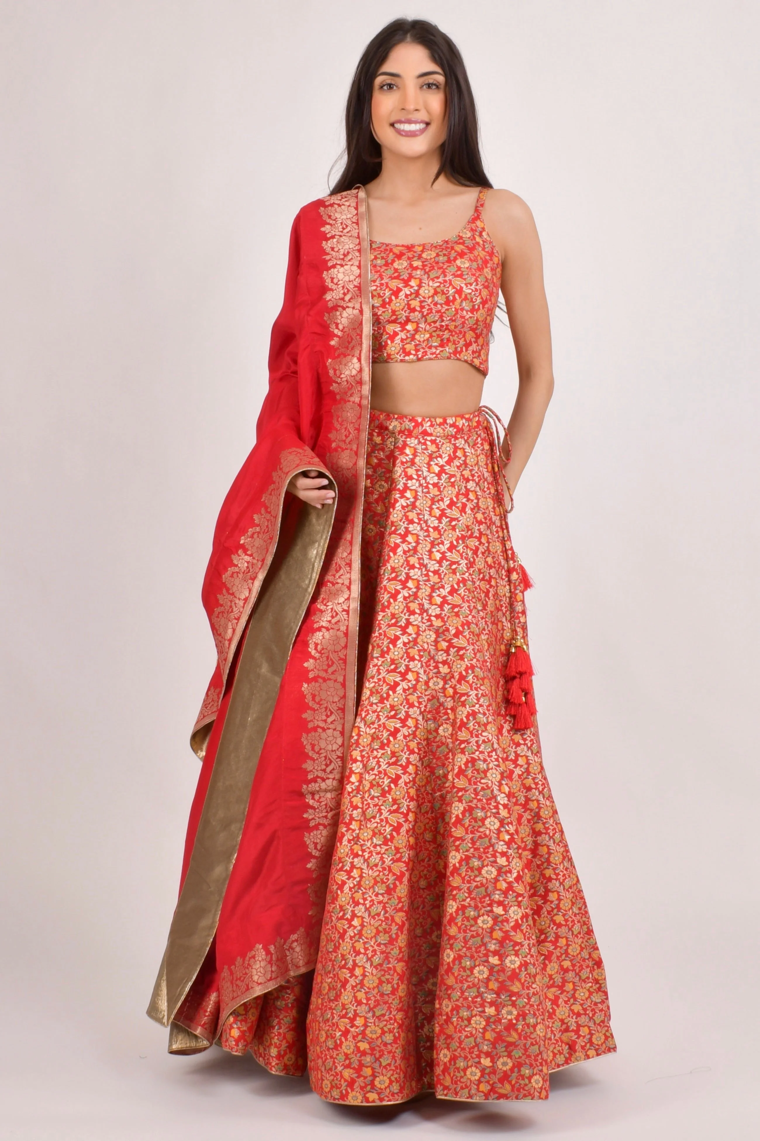 Red Jacquard Banarasi Lehenga Choli Set