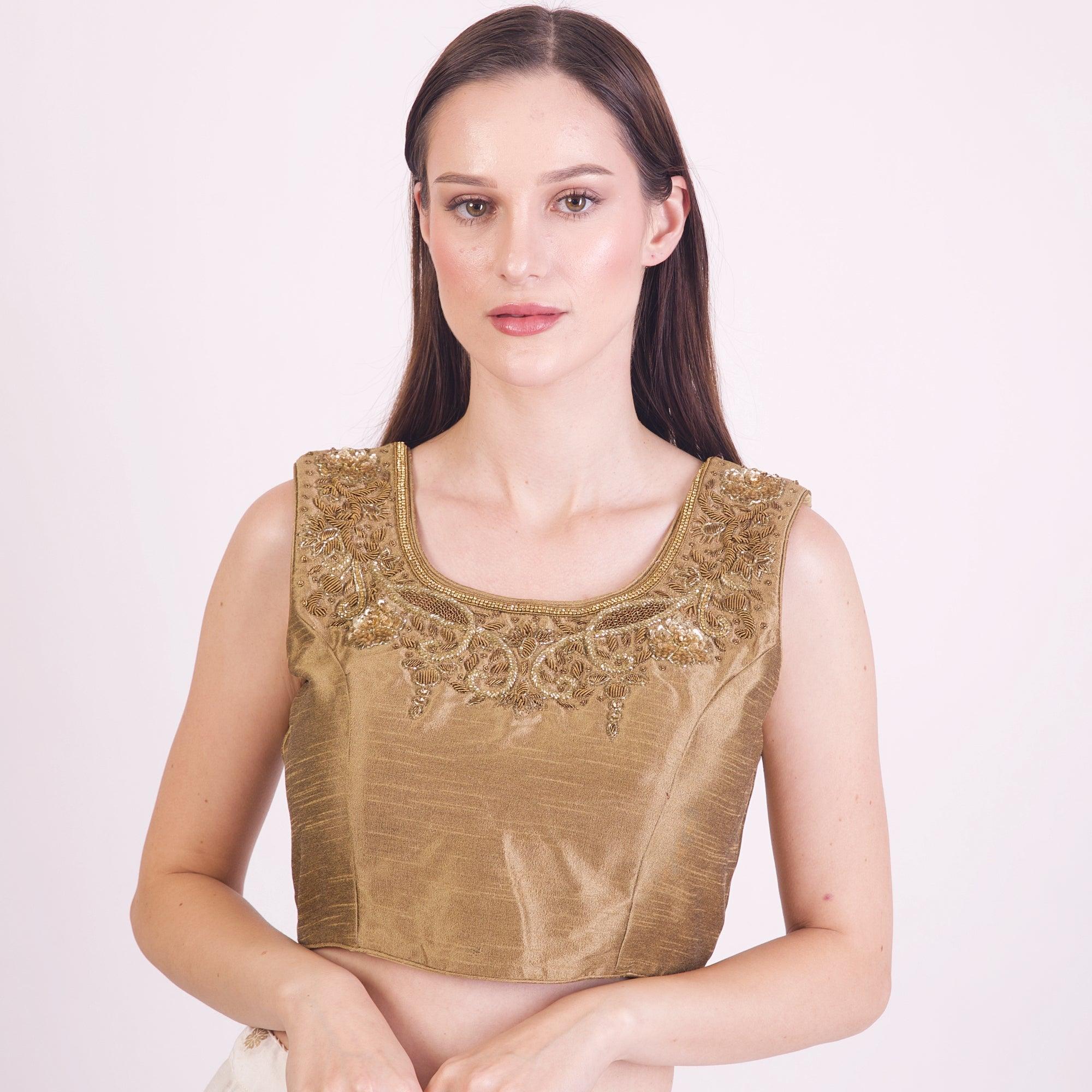 Gold Hand Embroidered Silk Saree Blouse with Resham & Kasab Work