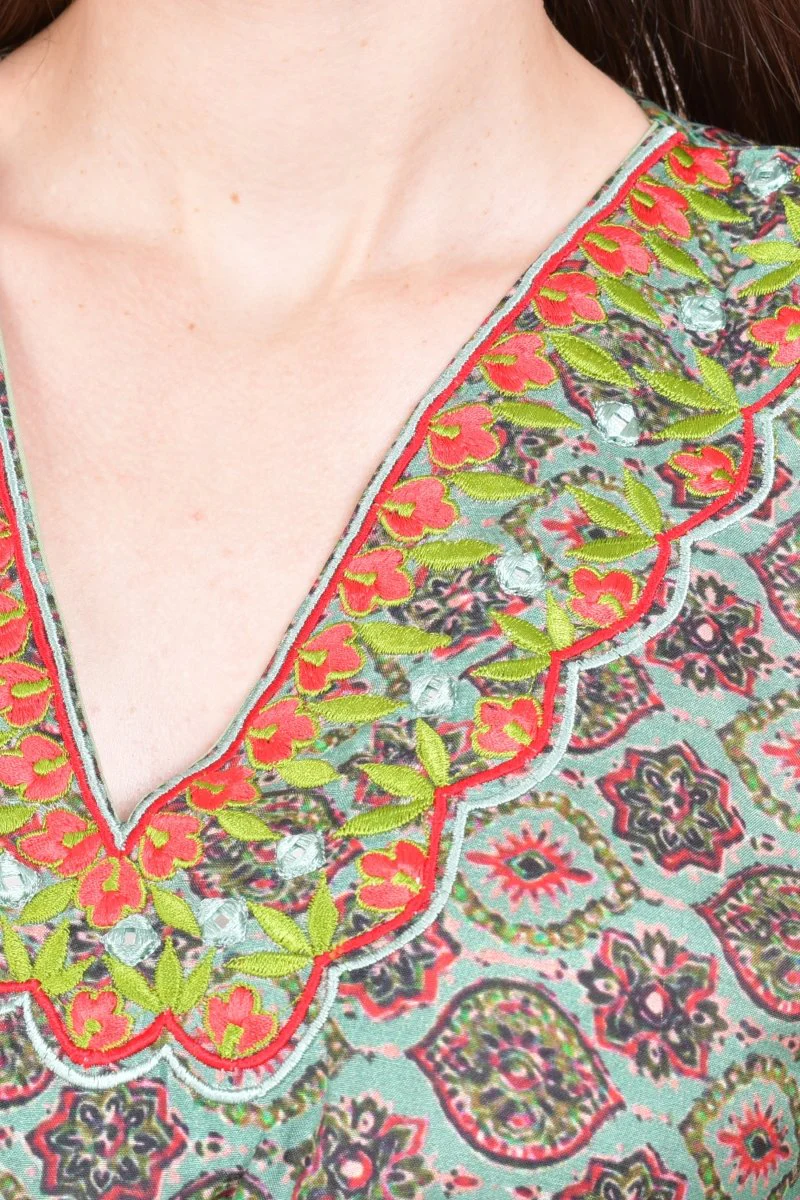 Green Ajrakh Print Embroidered Kaftan Top - Image 3