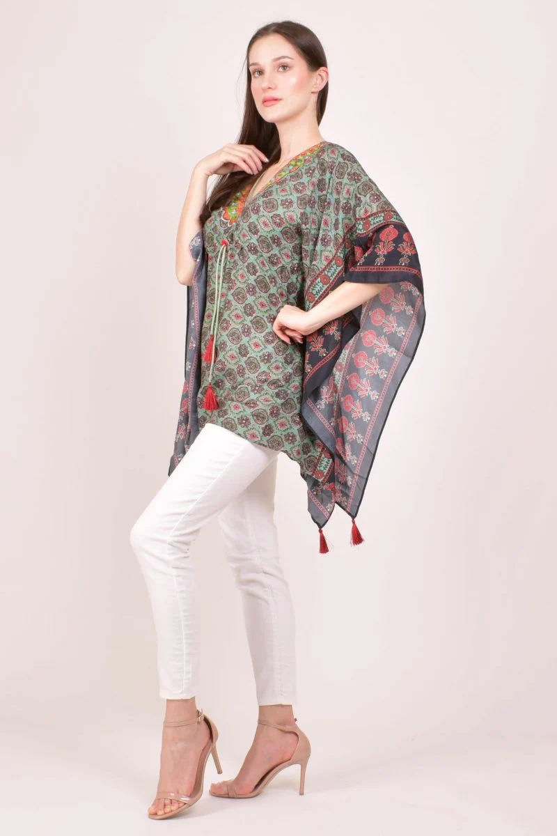 Green Ajrakh Print Embroidered Kaftan Top - Image 4