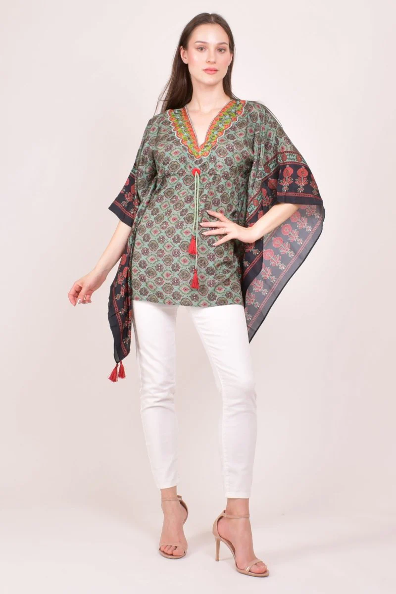 Green Ajrakh Print Embroidered Kaftan Top - Image 5