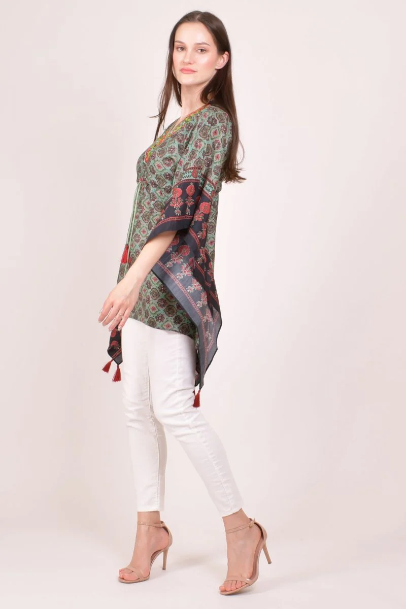 Green Ajrakh Print Embroidered Kaftan Top - Image 6