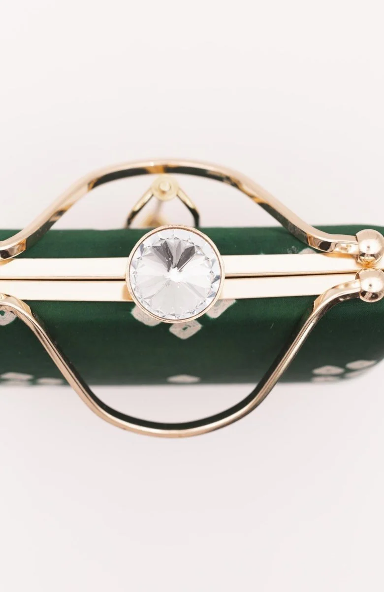 Green Bandhej Silk Bia Clutch with Crystal Closure - Image 2