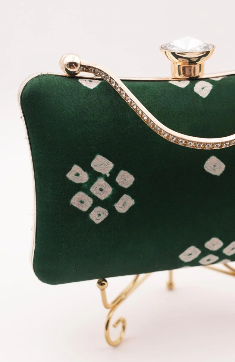 Green Bandhej Silk Bia Clutch with Crystal Closure - Image 3