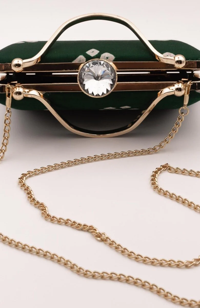 Green Bandhej Silk Bia Clutch with Crystal Closure - Image 4