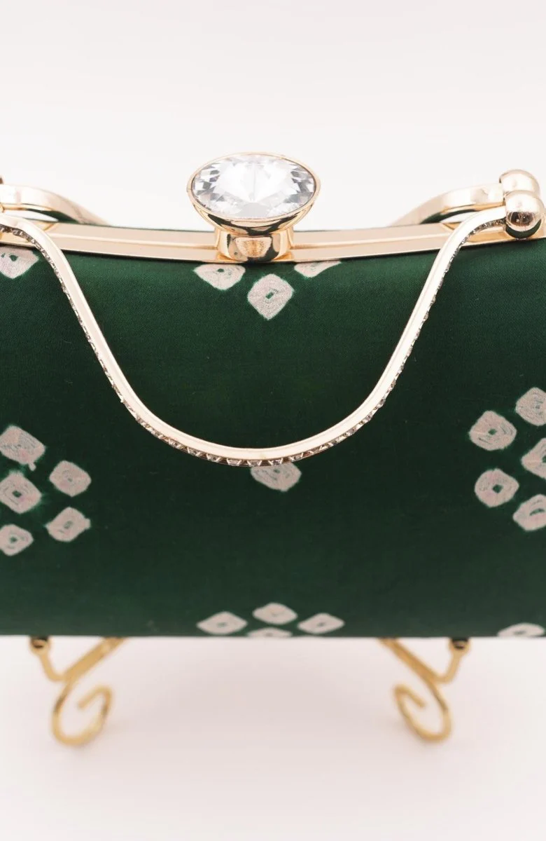 Green Bandhej Silk Bia Clutch with Crystal Closure - Image 5