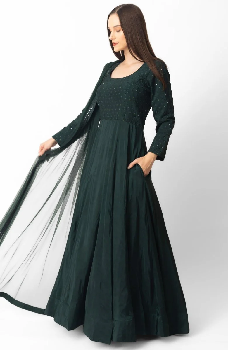 Green Mirror Embroidered Gown with Dupatta - Image 4