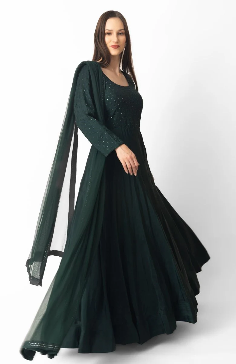 Green Mirror Embroidered Gown with Dupatta - Image 5