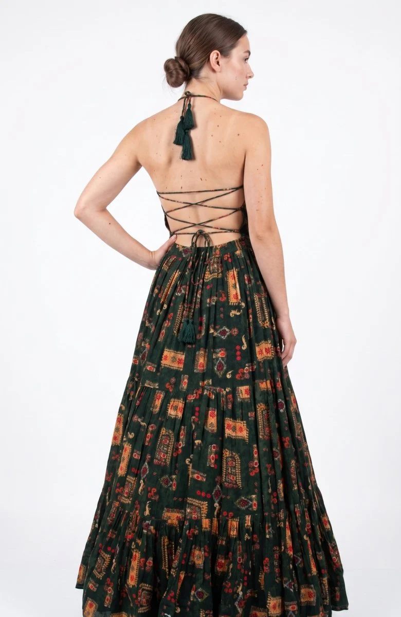 Green Ethnic Motif Print Convertible Maxi Gown - Image 2