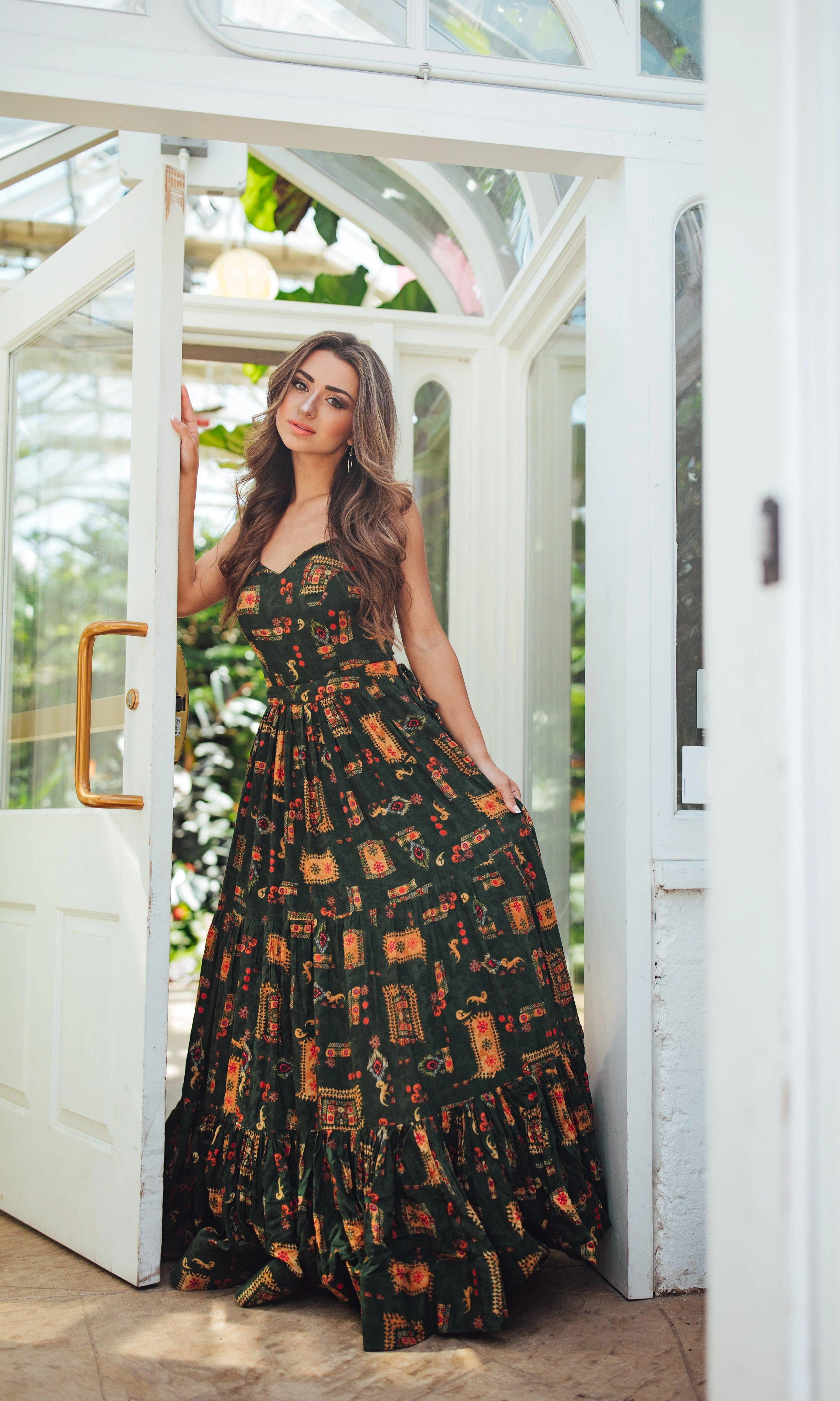 Green Ethnic Motif Print Convertible Maxi Gown - Image 4