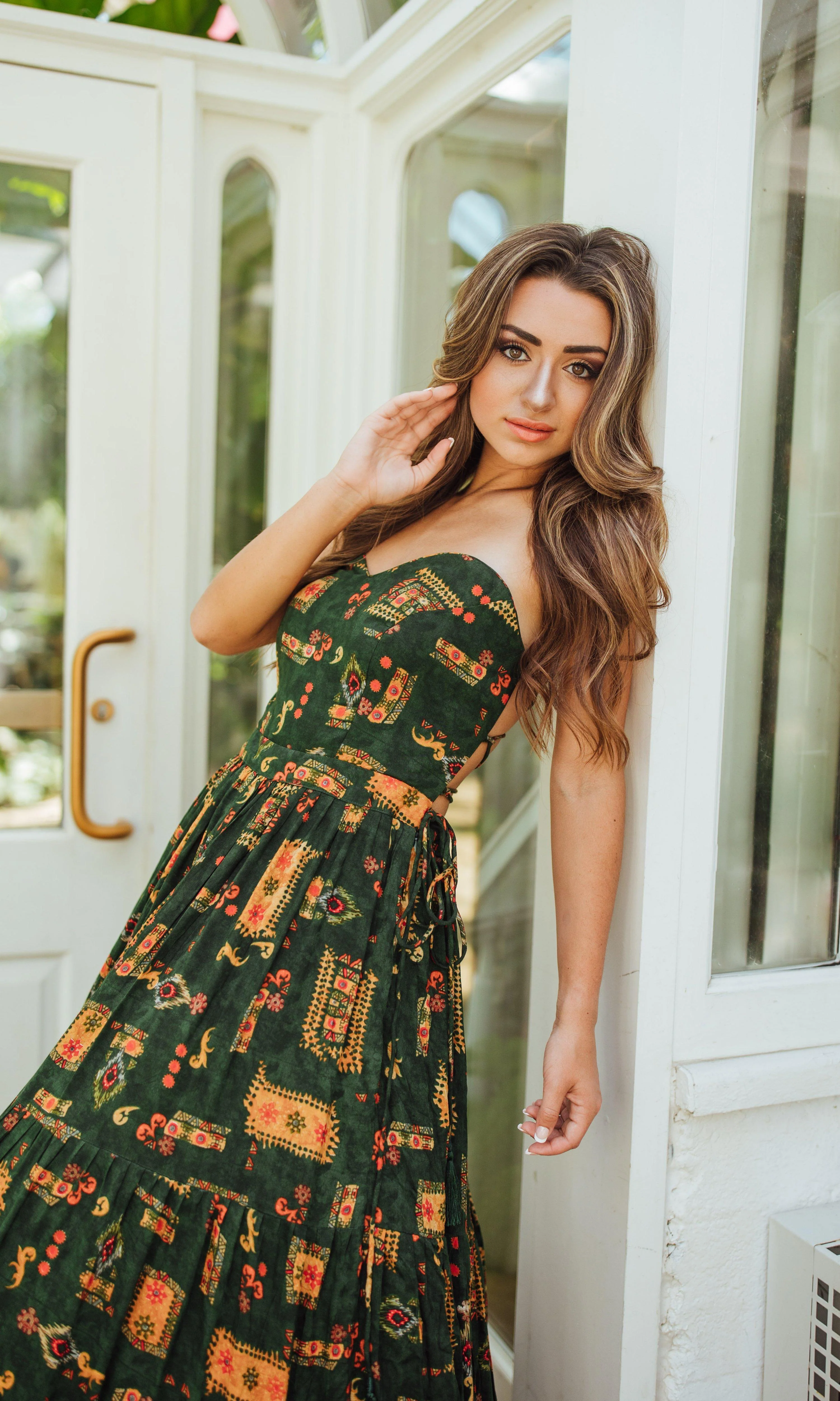 Green Ethnic Motif Print Convertible Maxi Gown - Image 5