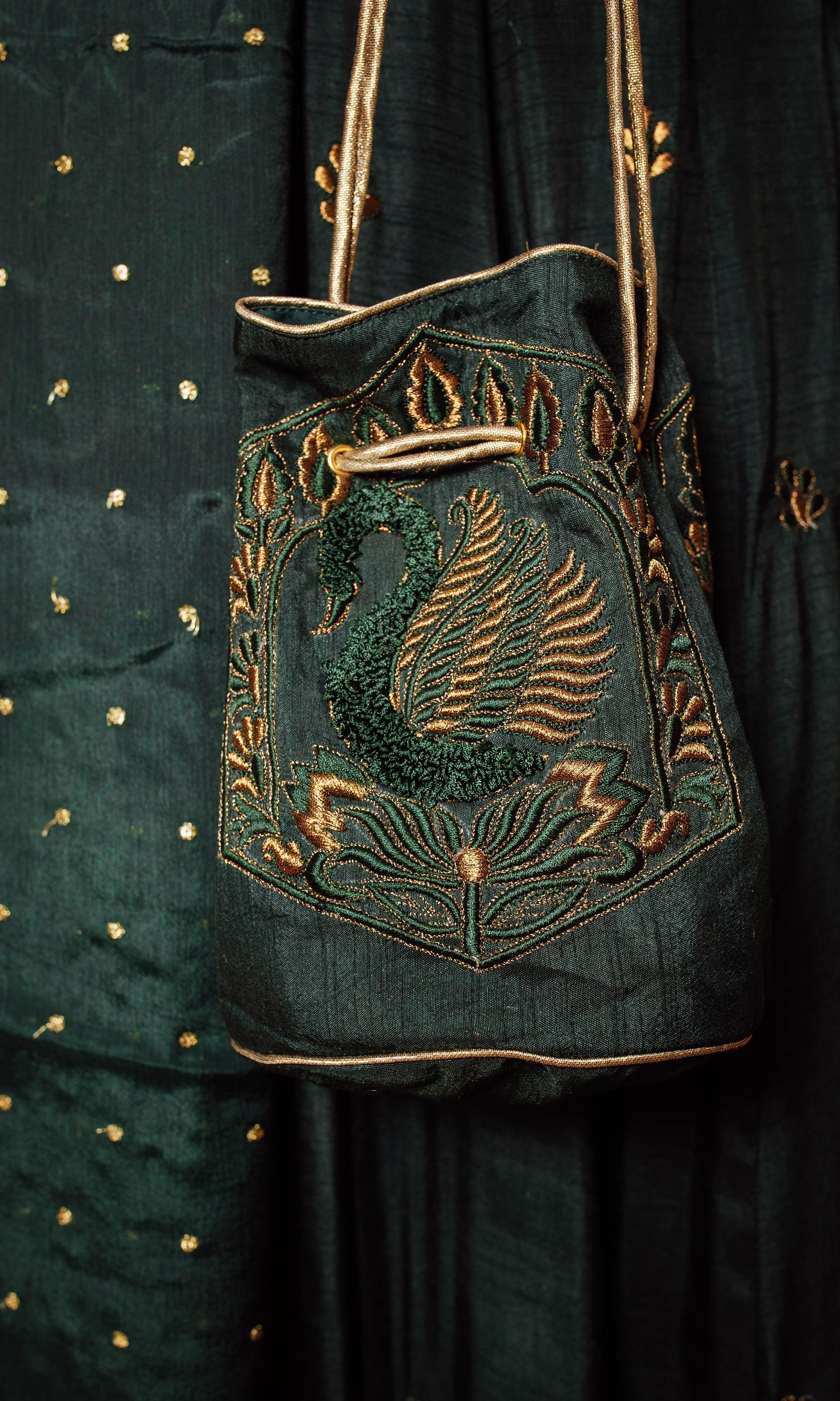 Green & Gold Embroidered Silk Potli Bag - Image 3