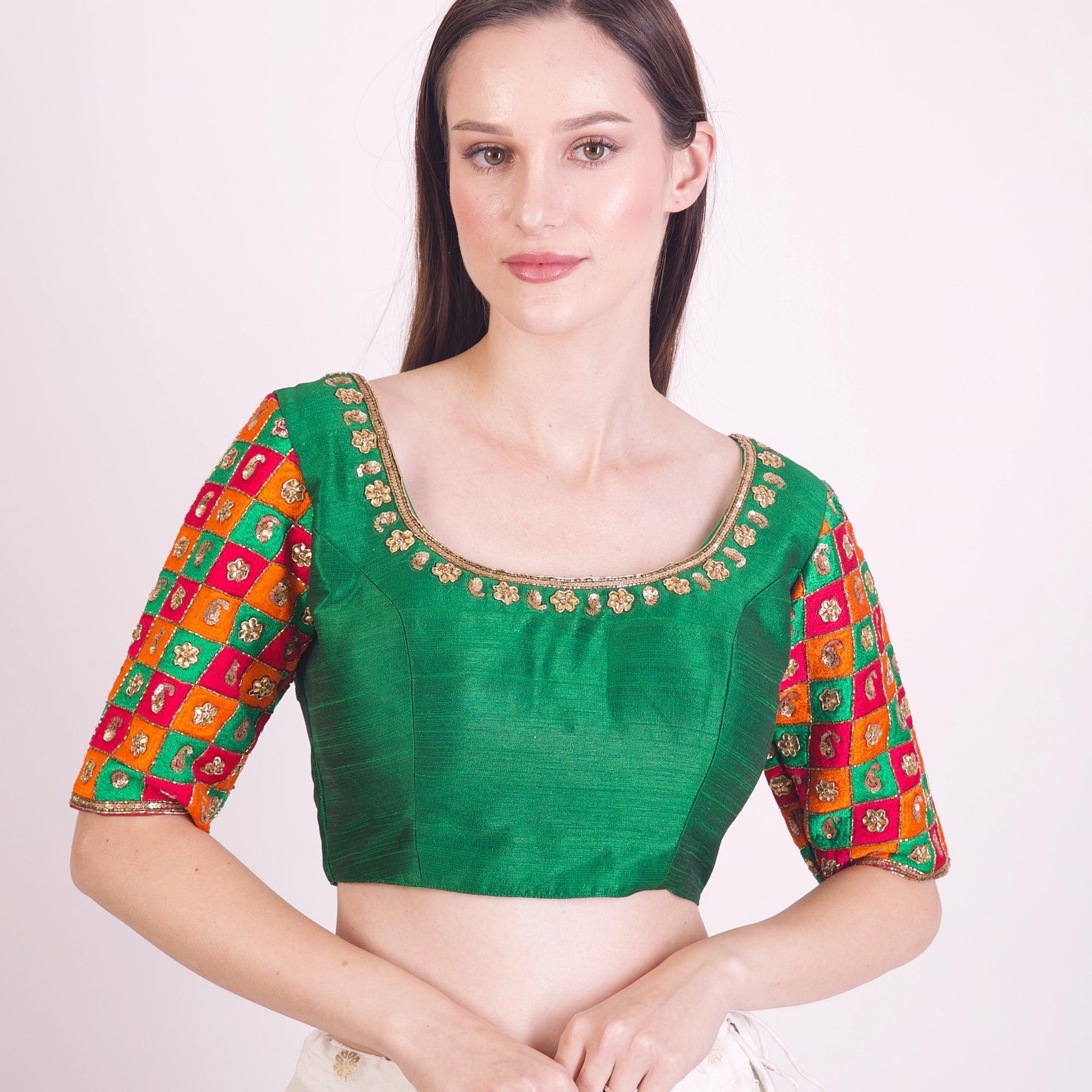 Green Hand Embroidered Silk Saree Blouse with Elbow Sleeves