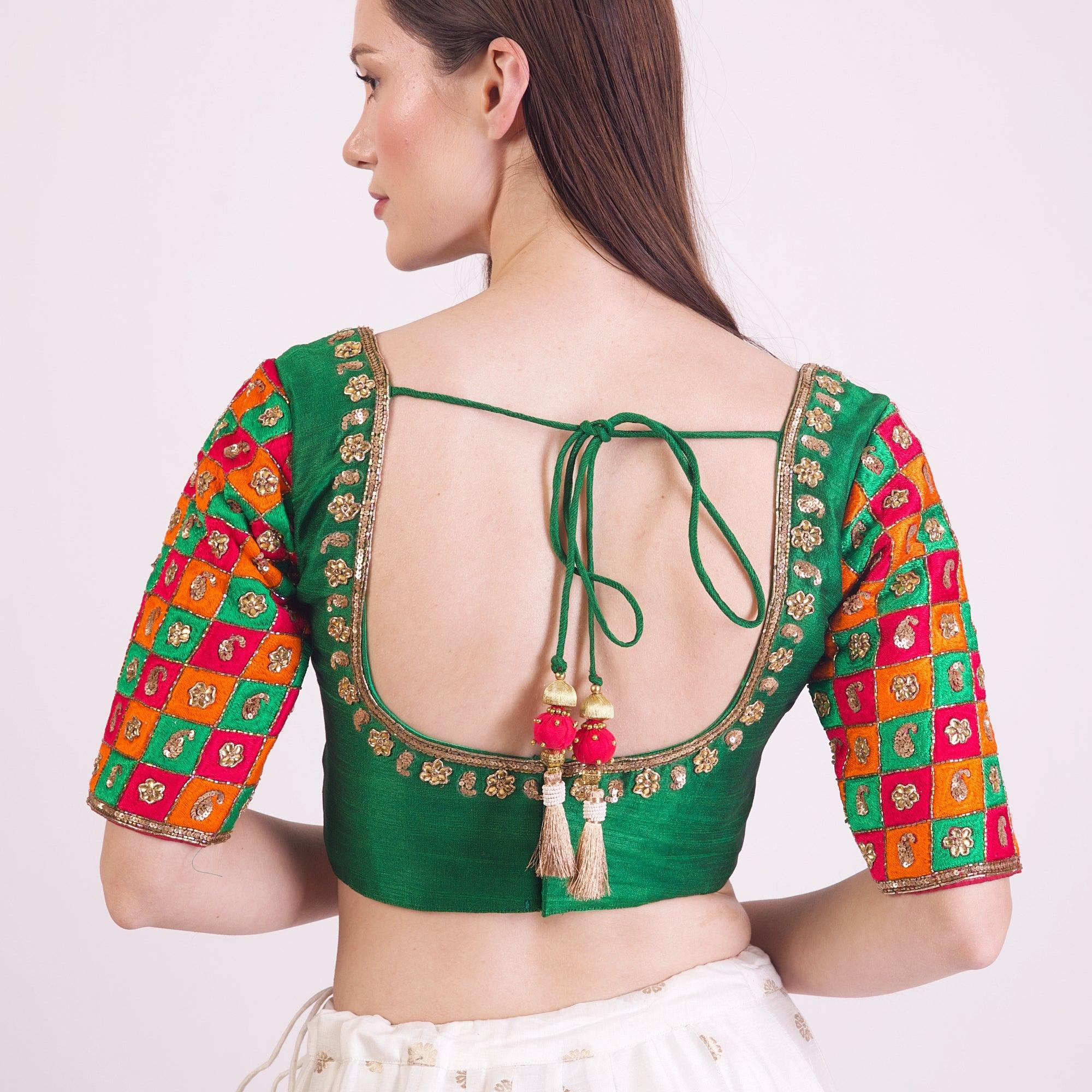 Green Hand Embroidered Silk Saree Blouse with Elbow Sleeves - Image 2