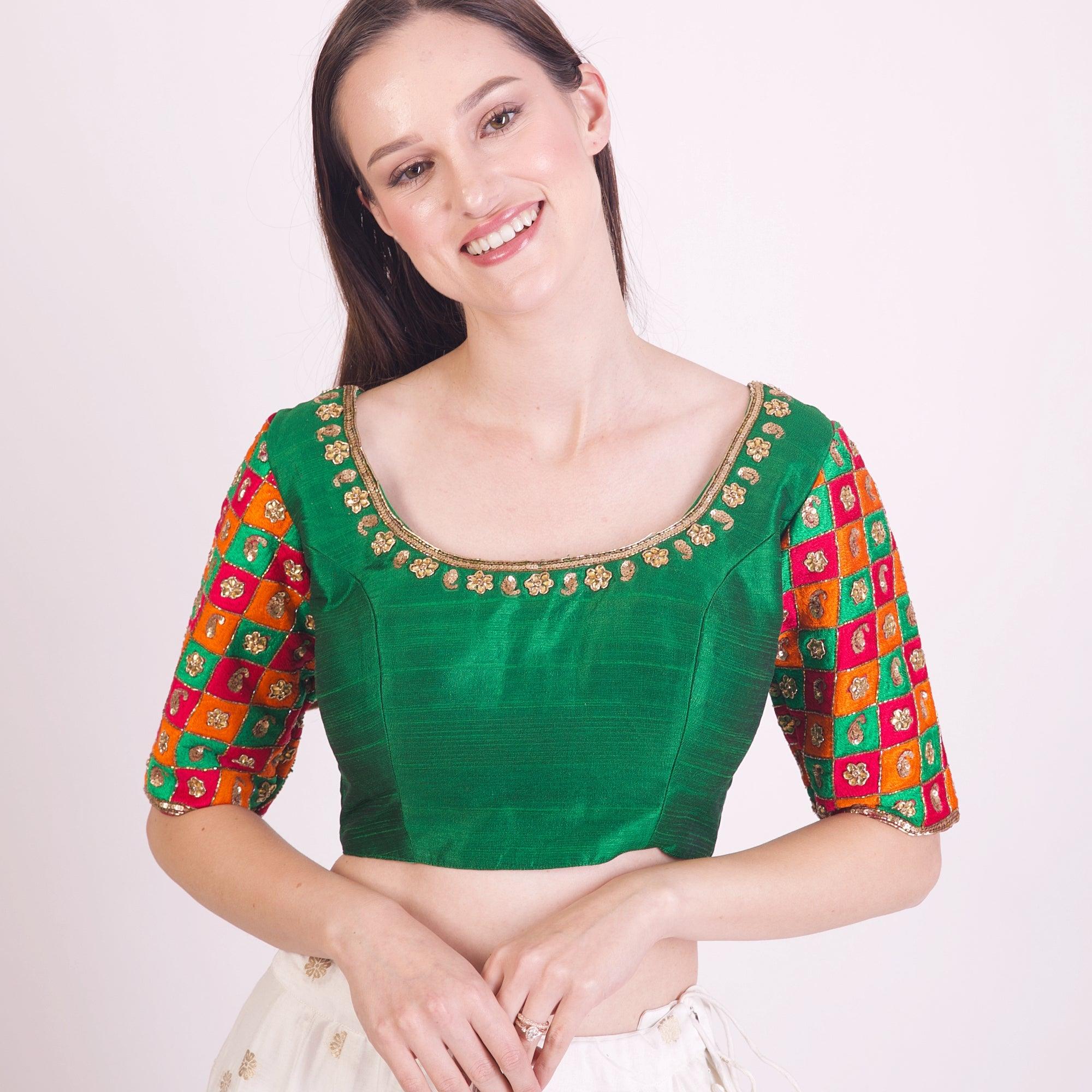 Green Hand Embroidered Silk Saree Blouse with Elbow Sleeves - Image 3