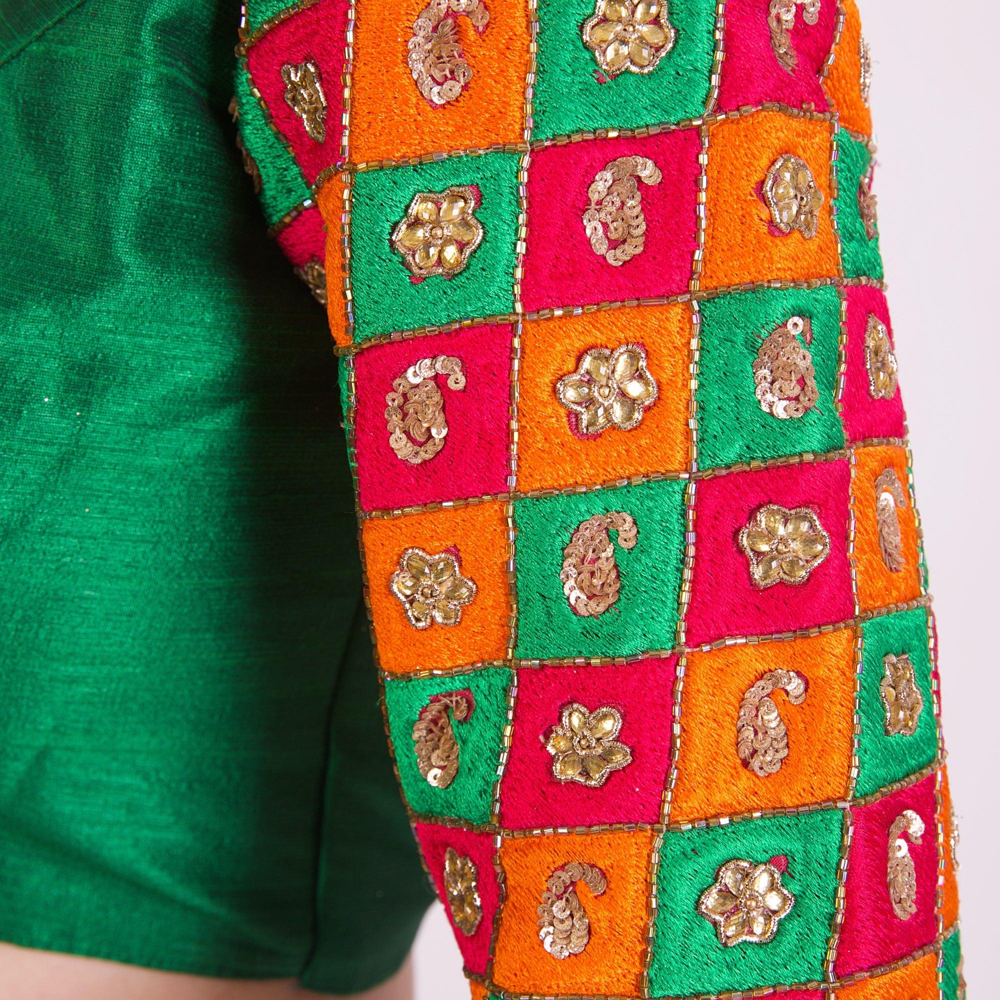Green Hand Embroidered Silk Saree Blouse with Elbow Sleeves - Image 4
