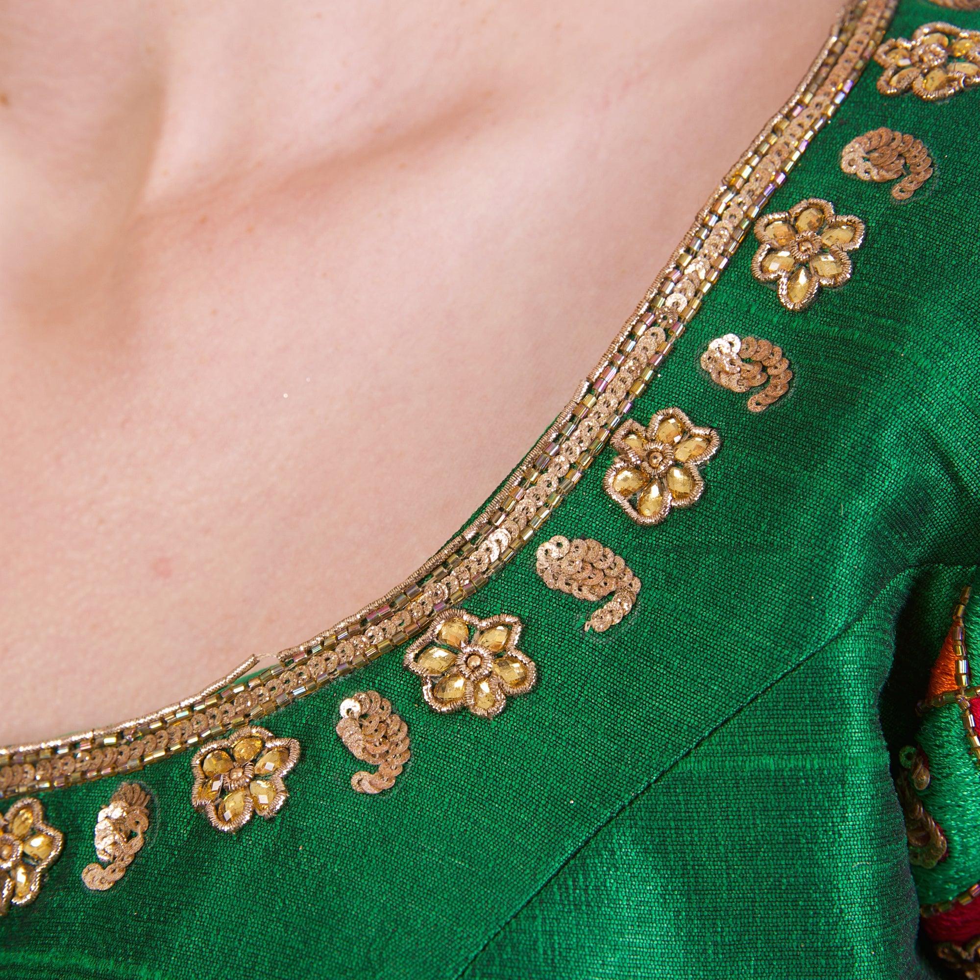 Green Hand Embroidered Silk Saree Blouse with Elbow Sleeves - Image 5