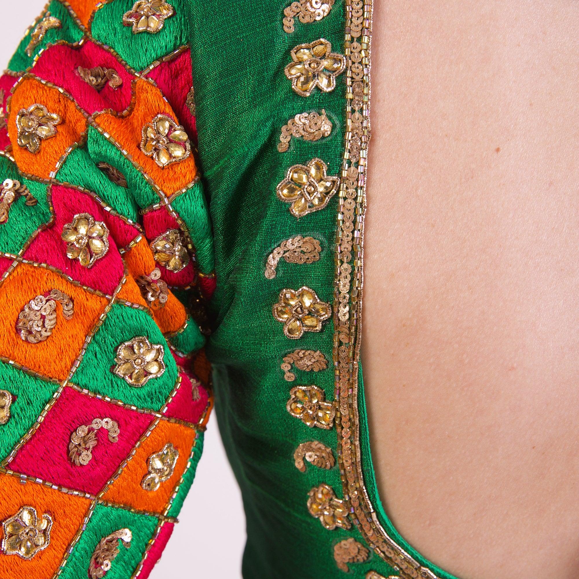 Green Hand Embroidered Silk Saree Blouse with Elbow Sleeves - Image 6