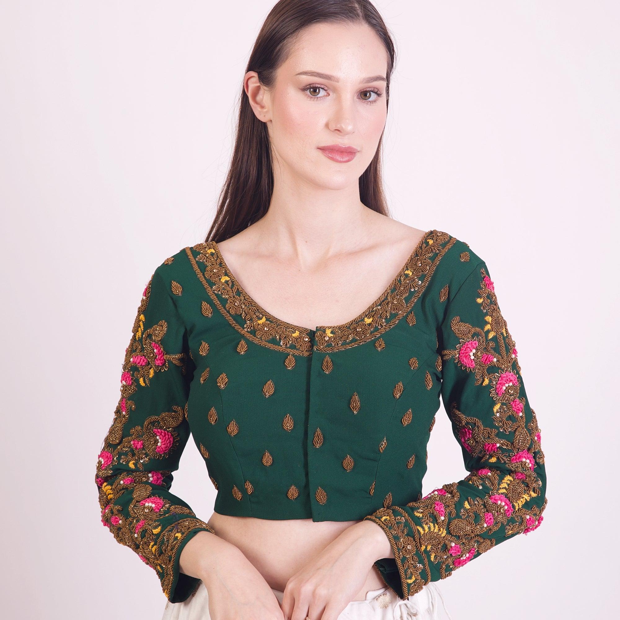 Green Heavy Hand Embroidered Silk Saree Blouse with Long Sleeves