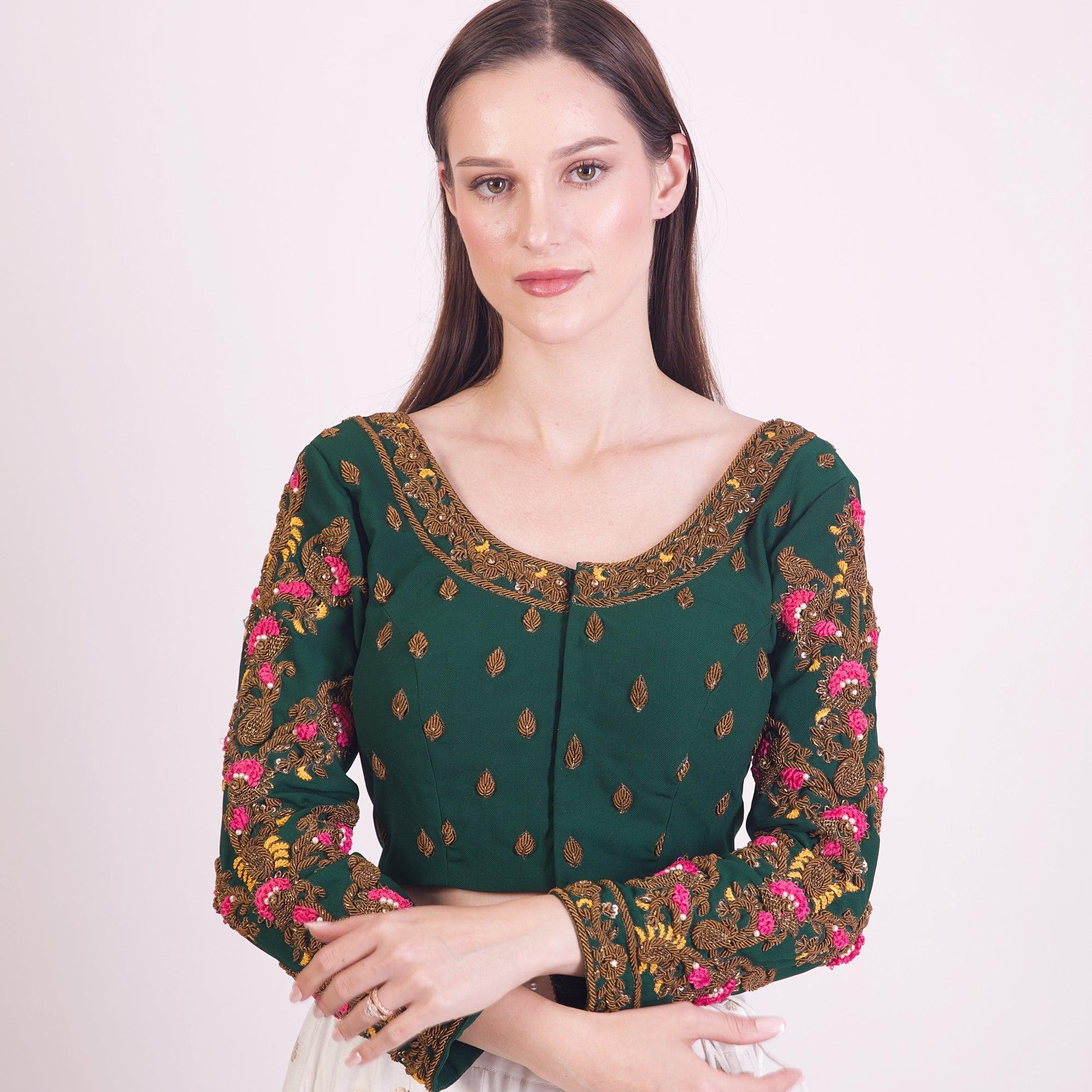 Green Heavy Hand Embroidered Silk Saree Blouse with Long Sleeves - Image 2