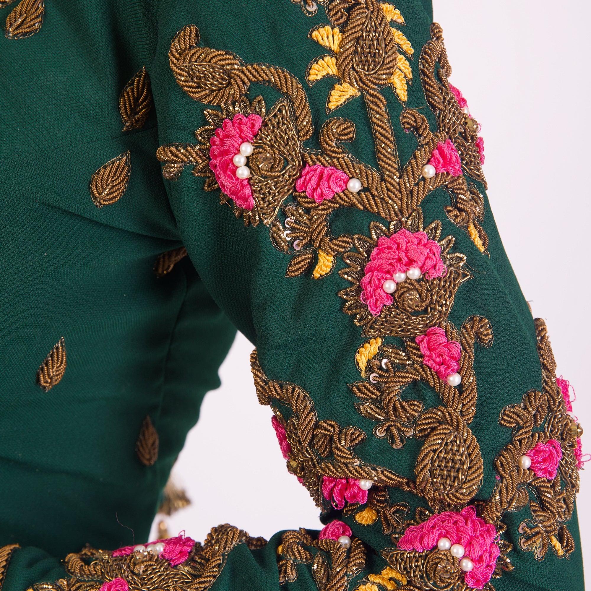 Green Heavy Hand Embroidered Silk Saree Blouse with Long Sleeves - Image 3