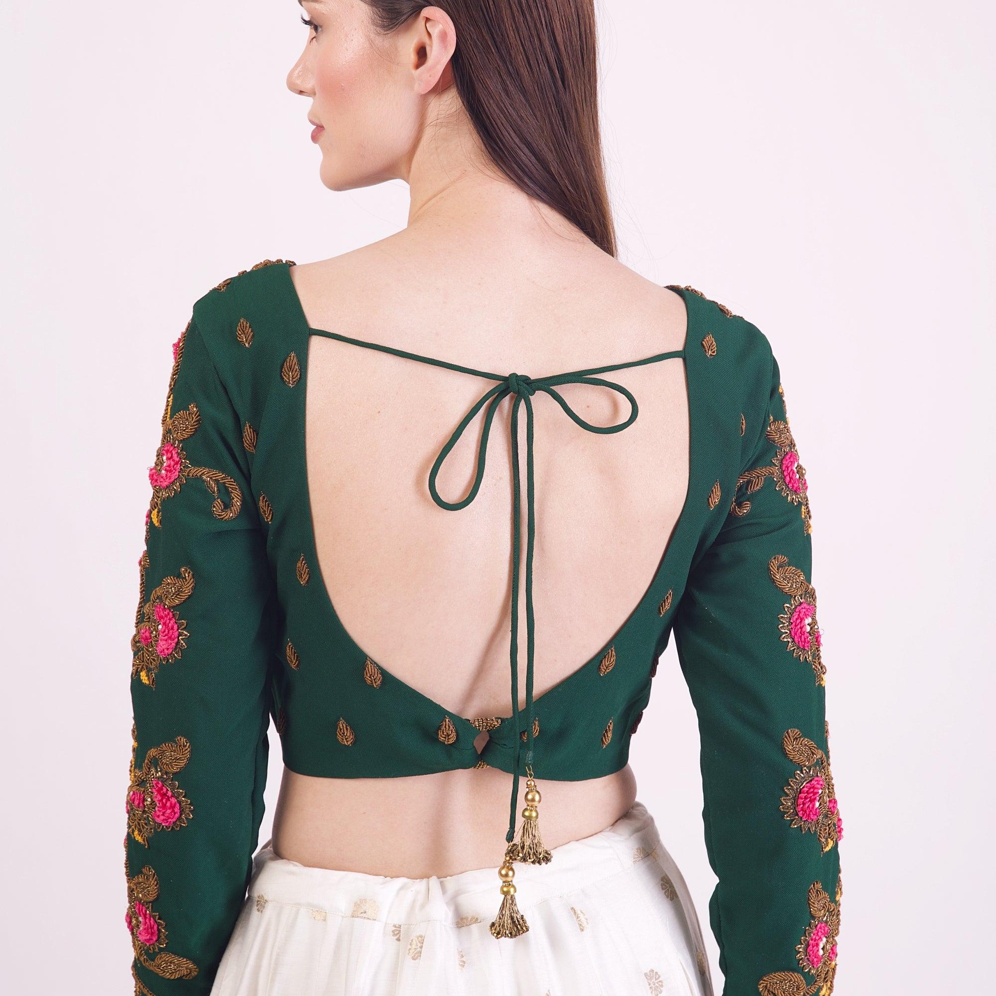 Green Heavy Hand Embroidered Silk Saree Blouse with Long Sleeves - Image 5