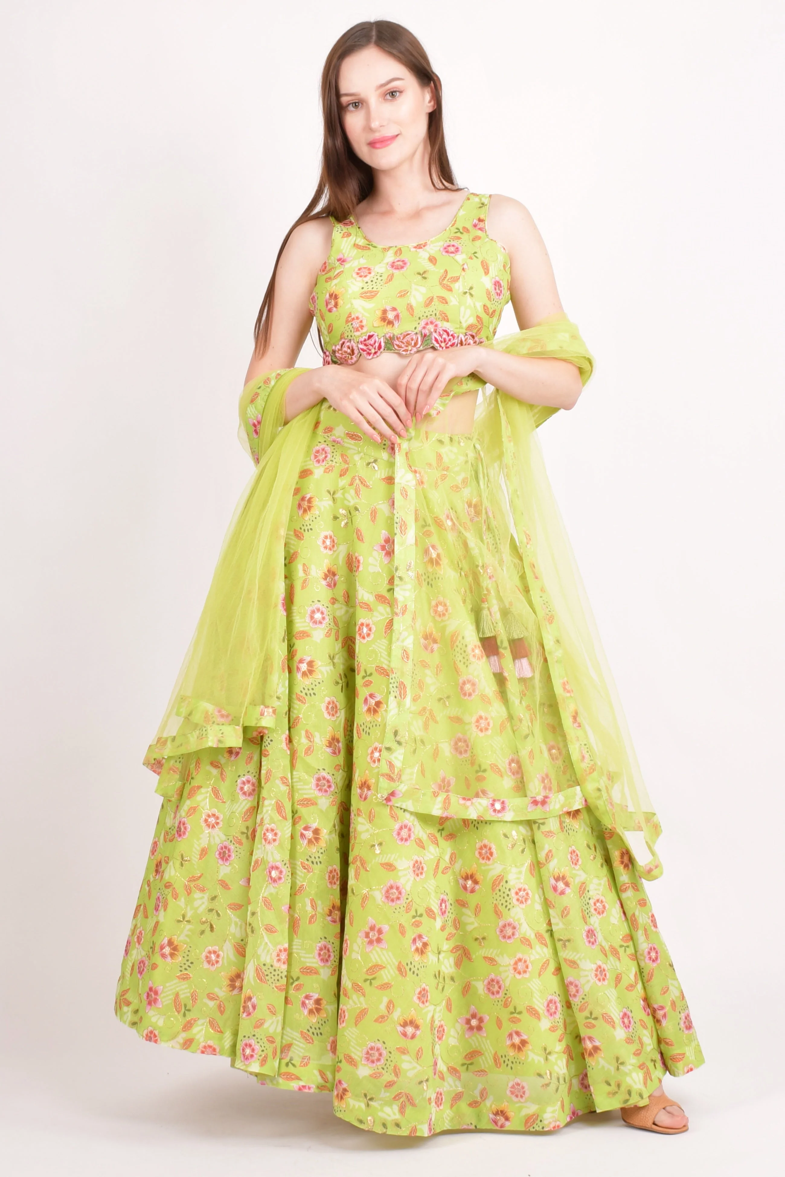 Green Mirror Embroidered Lehenga Choli with all over Embroidery
