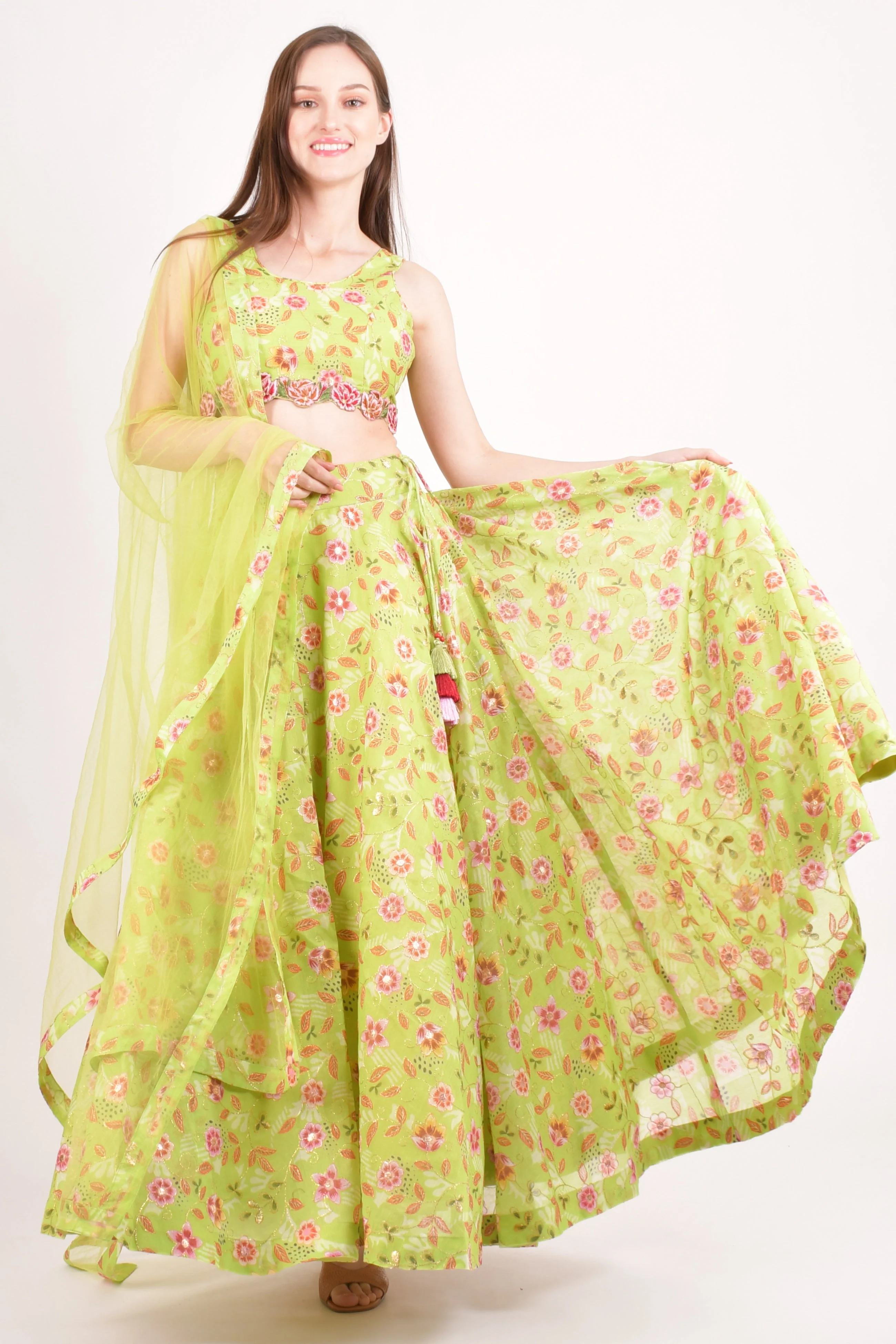 Green Mirror Embroidered Lehenga Choli with all over Embroidery - Image 5