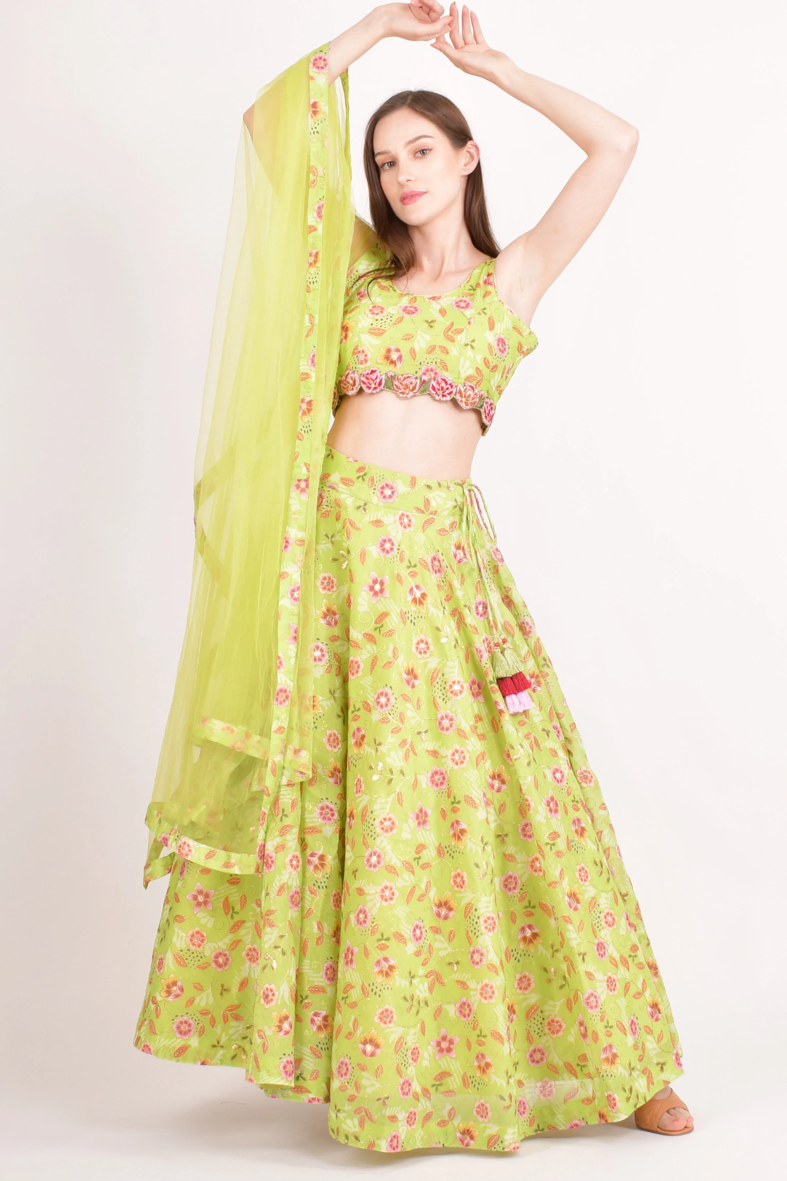 Green Mirror Embroidered Lehenga Choli with all over Embroidery - Image 6