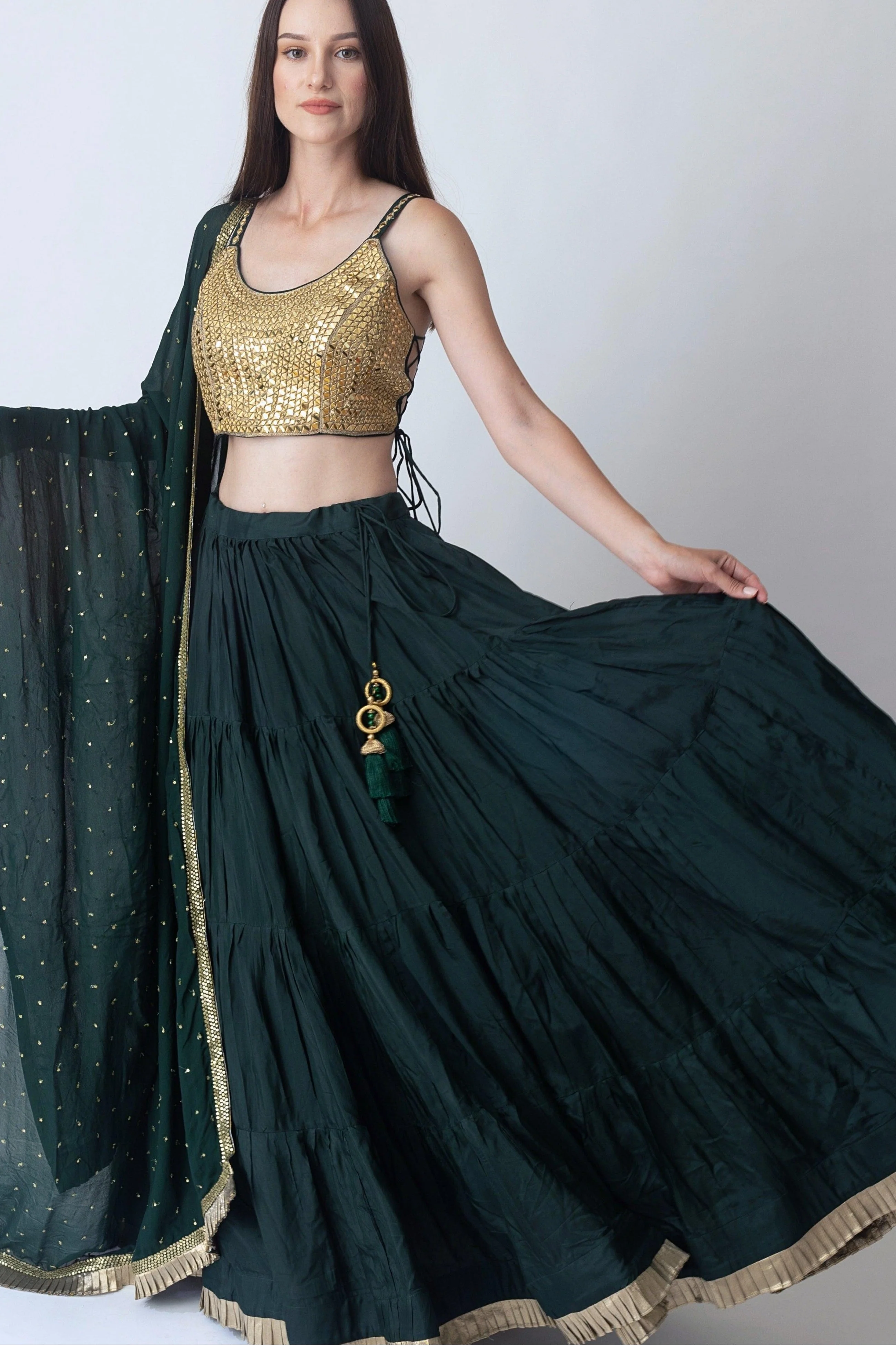 Green and Gold Lehenga Choli with Mirror Work Blouse
