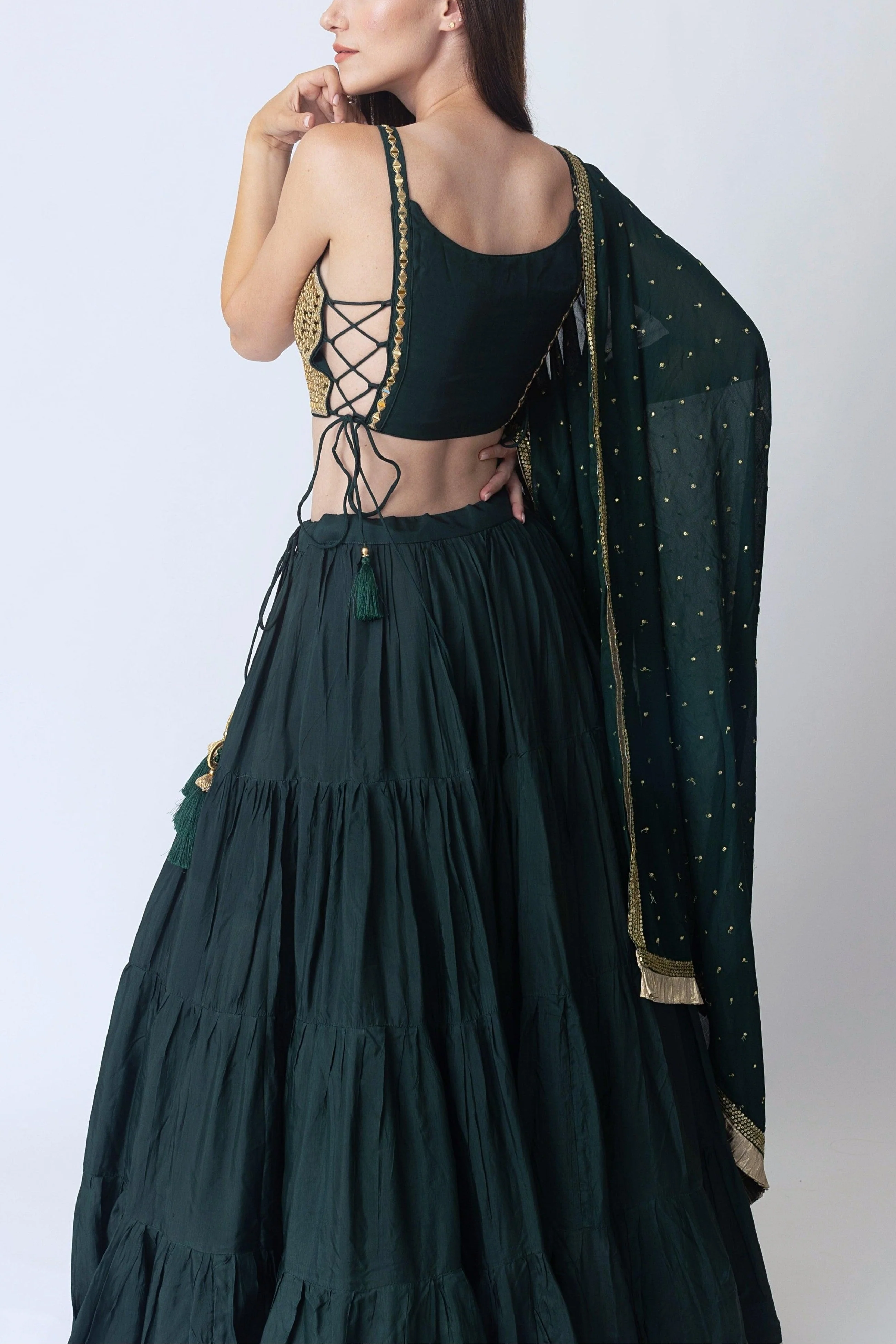 Green and Gold Lehenga Choli with Mirror Work Blouse - Image 2
