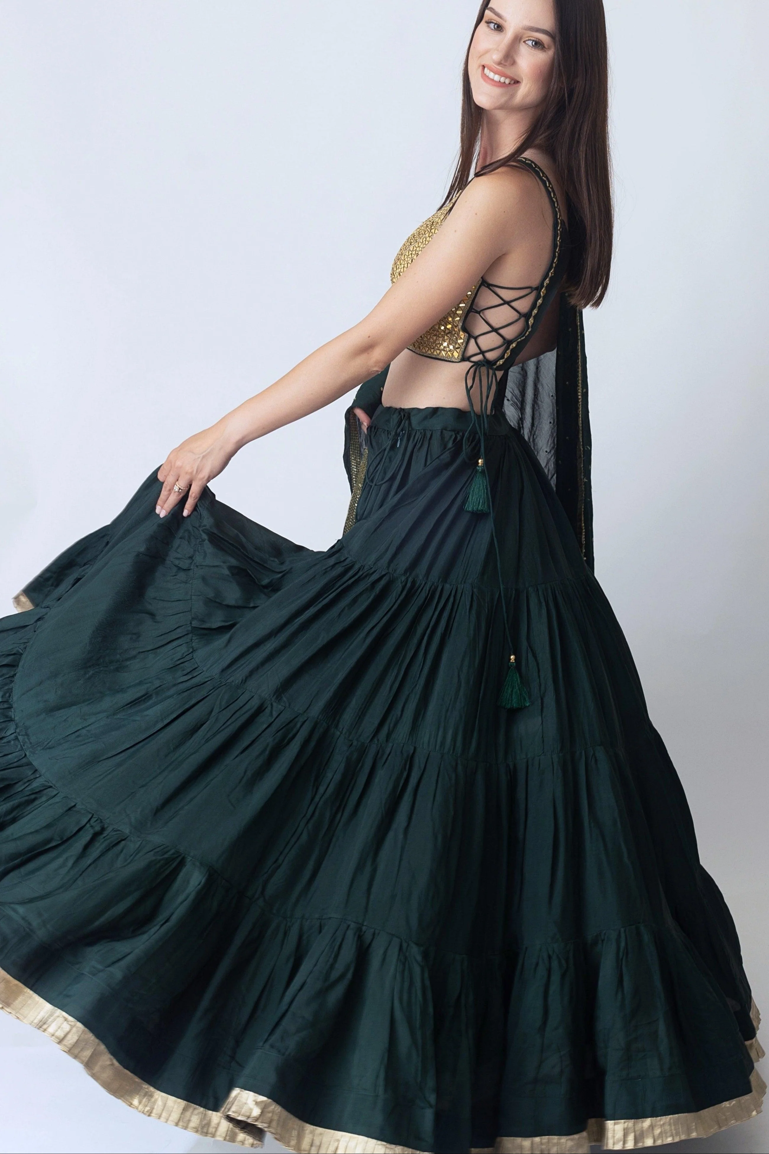 Green and Gold Lehenga Choli with Mirror Work Blouse - Image 4