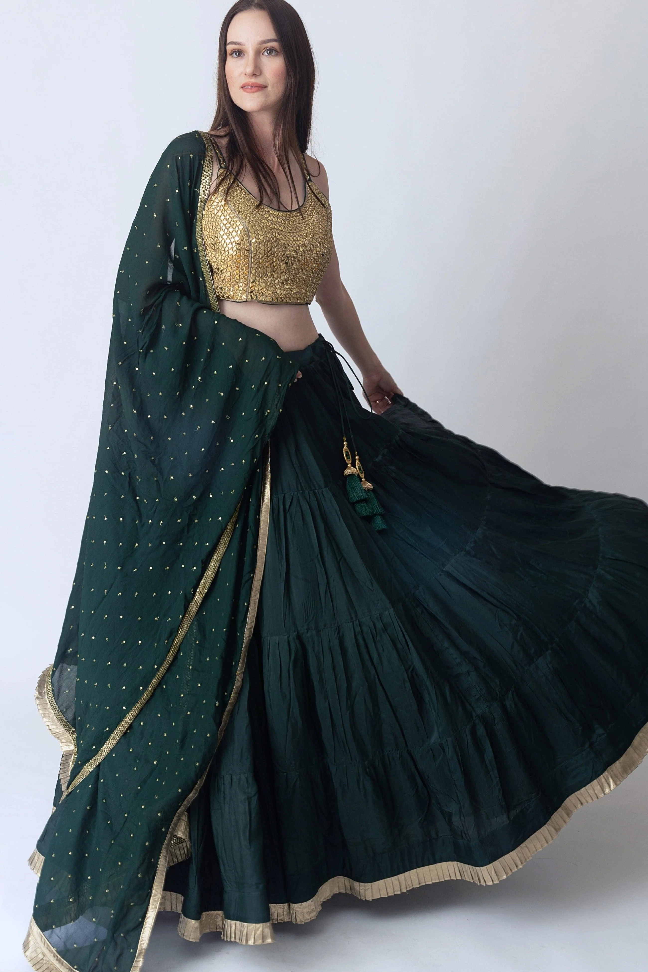 Green and Gold Lehenga Choli with Mirror Work Blouse - Image 5