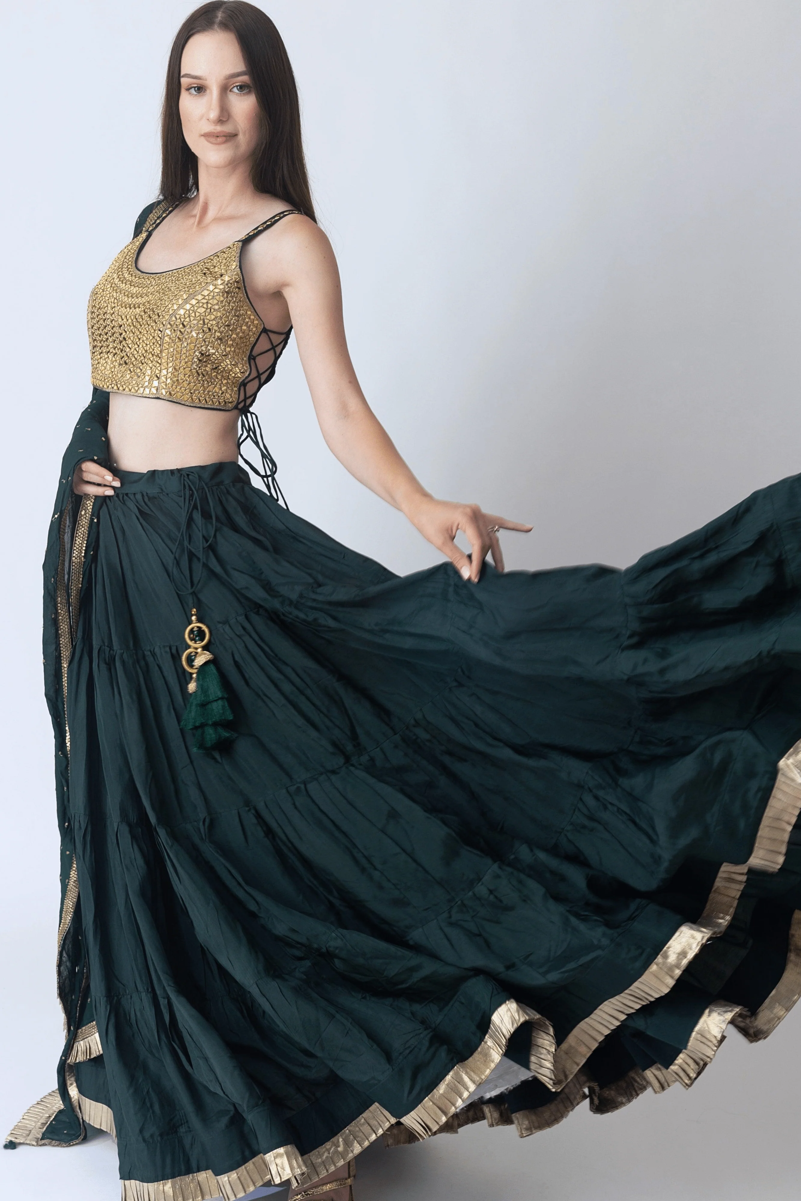 Green and Gold Lehenga Choli with Mirror Work Blouse - Image 6